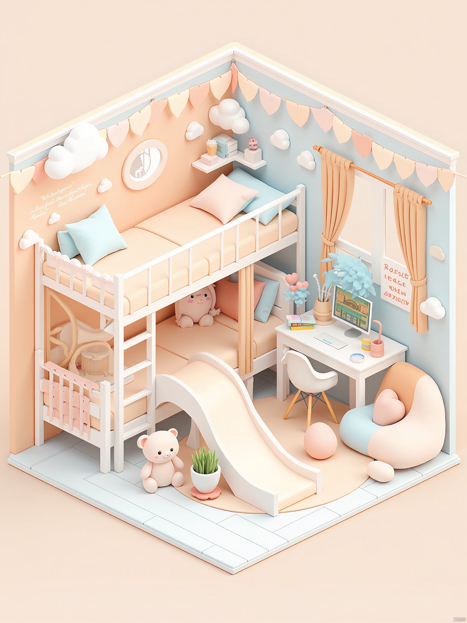 OBdengzhou,This image is a digital illustration in a whimsical, cartoonish style, depicting a cozy and playful children's bedroom. The room is predominantly in soft pastel colors, primarily peach, light blue, and white. The bed is on the left side, adorned with peach bedding and a small, white ladder leading to a loft bed above. The loft bed features a small, round window and a white railing, with a small potted plant on the floor below. In the foreground, a white slide descends from the loft, leading to a small white chair with a pink cushion. Next to the slide is a small, white teddy bear with a heart-shaped pillow. The right side of the room contains a white desk with a computer, books, and a small potted plant. Below the desk is a white bean bag chair with a pink cushion, and a small rug with a heart pattern. The walls are adorned with light blue and peach curtains, and a small, white, heart-shaped sign above the bed reads, "Perfect Place to Dream." The floor is light blue with white lines, and there are small, white, fluffy clouds on the walls, adding to the dreamy atmosphere. Overall, the room exudes a sense of comfort and playful creativity.