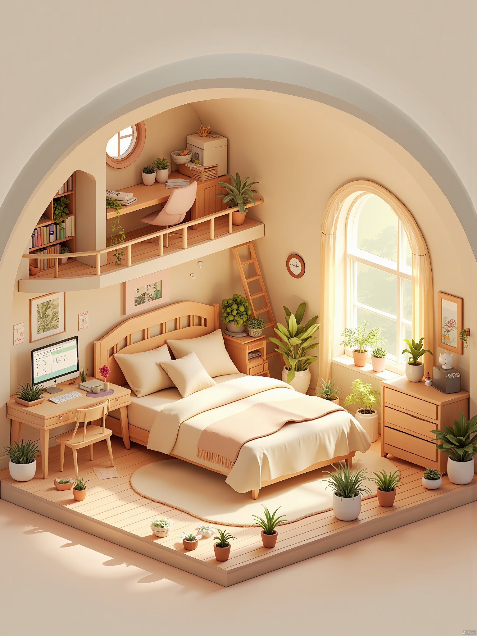 OBdengzhou,This is a highly detailed, digital illustration of a cozy, whimsical bedroom nestled in a modern, open-concept loft space. The room is designed with a soft, warm color palette dominated by earth tones and pastels. The bed, positioned centrally, features a light beige bedspread, a few pillows, and a soft, patterned throw blanket. Surrounding the bed are various potted plants in white and terracotta pots, adding a touch of nature.To the left of the bed, there is a wooden desk with a computer and a small potted plant. Above the desk, a circular window allows natural light to filter in, enhancing the room's warmth. Adjacent to the desk, a small ladder leads up to a loft area where a small chair and a bookshelf are placed, filled with books and more potted plants. On the right side of the room, there is a wooden dresser with a mirror, a small television, and a few more potted plants. The floor is covered in a light, patterned rug, and the walls are adorned with a few small artworks and framed prints. The ceiling is arched, and the overall style is a blend of minimalist and cozy, creating a serene and inviting atmosphere.