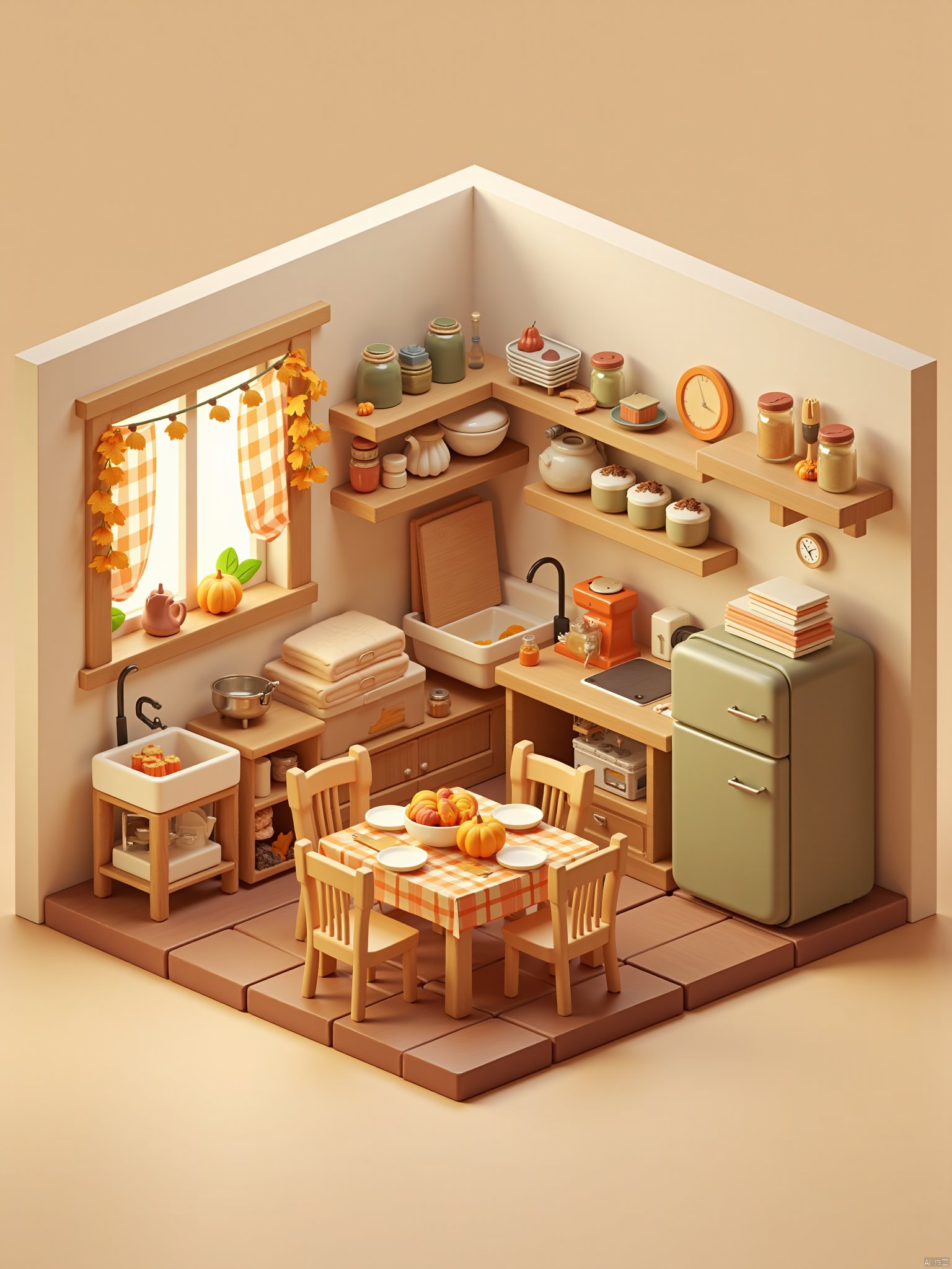 OBdengzhou,This image is a digital illustration in a whimsical, cartoonish style, depicting a cozy, autumn-themed kitchen corner. The scene is set against a beige backdrop with subtle, warm lighting. The kitchen is small and compact, with a wooden floor and a rustic, wooden countertop. A small wooden table with a checkered tablecloth is placed centrally, surrounded by four matching wooden chairs. The table is adorned with a stack of plates, a bowl of fruit, and a small cake, suggesting a cozy family gathering.To the left, there is a small wooden sink with a wooden counter and a small wooden cutting board. A stack of neatly folded dish towels is placed on the counter, and a small white clock is mounted above it. Next to the sink, a wooden shelf holds a variety of jars and small appliances, including a toaster and a coffee maker. Above the shelf, a window is draped with checkered curtains, and a small pumpkin sits on the windowsill.In the background, a vintage-style refrigerator is adorned with a garland of autumn leaves, and a small wooden shelf above it holds more jars and a small pumpkin. The overall color palette is warm and earthy, dominated by shades of beige, brown, and soft orange, evoking a cozy, autumn.