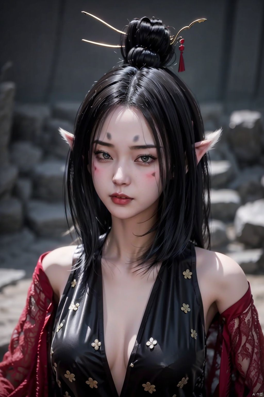  8K image.,黑神话悟空-小狐狸萍萍,	Forehead Mark, Fox Tail,1girl, solo, long hair, breasts, black hair, hair ornament, bare shoulders, upper body, pointy ears, lips, facial mark, elf, realistic, hair stick