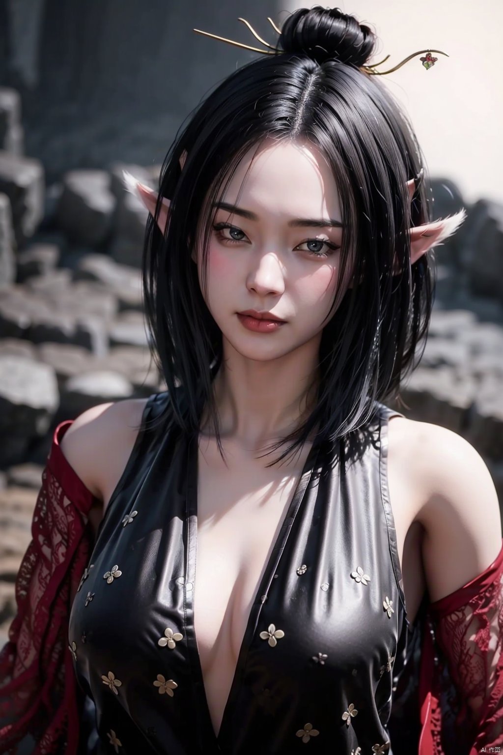  8K image.,黑神话悟空-小狐狸萍萍,	Forehead Mark, Fox Tail,1girl, solo, long hair, breasts, black hair, hair ornament, bare shoulders, upper body, pointy ears, lips, facial mark, elf, realistic, hair stick