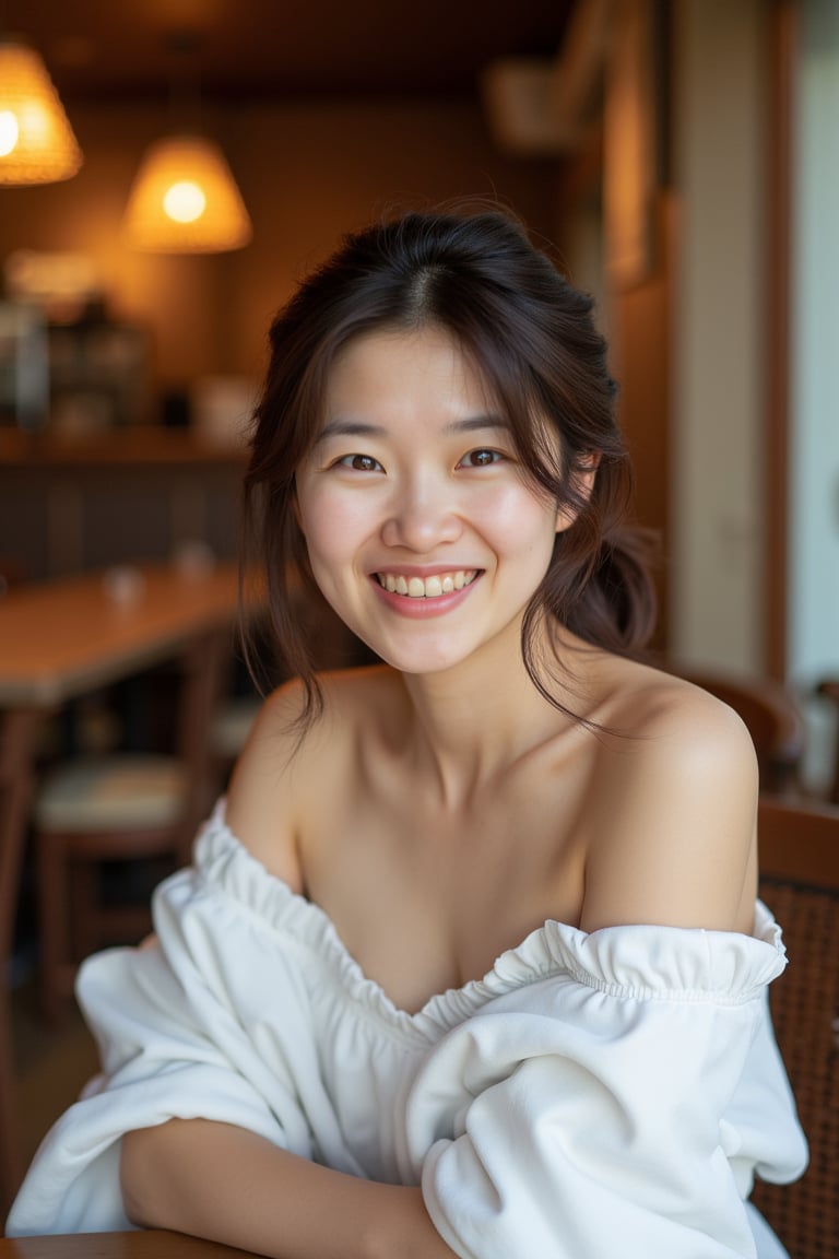 A close-up shot captures a radiant woman sitting comfortably in a cozy cafe, surrounded by warm lighting and rustic decorations. Her porcelain skin glows with a subtle sheen as she flashes a bright, genuine smile directly at the camera. Wearing a stunning white off-shoulder kimono, her delicate features are showcased against the soft, earthy tones of the cafe's interior.,mikas