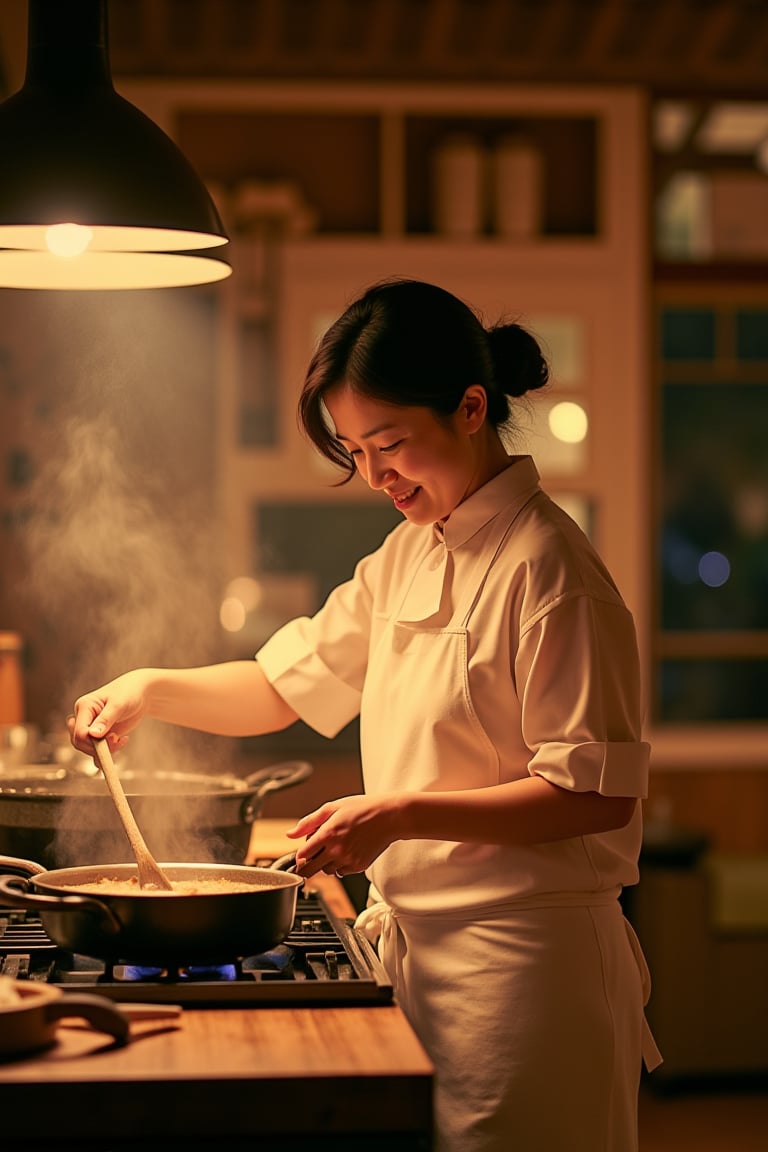 A warm kitchen scene: a woman, focused on her culinary task, stands in front of a rustic wooden table, surrounded by sizzling pans and savory aromas. She wears a crisp white apron, her dark hair tied back in a loose bun, as she stirs a bubbling pot with a wooden spoon. Soft golden light spills from the overhead pendant lamp, casting a cozy glow on her gentle smile.,shiho