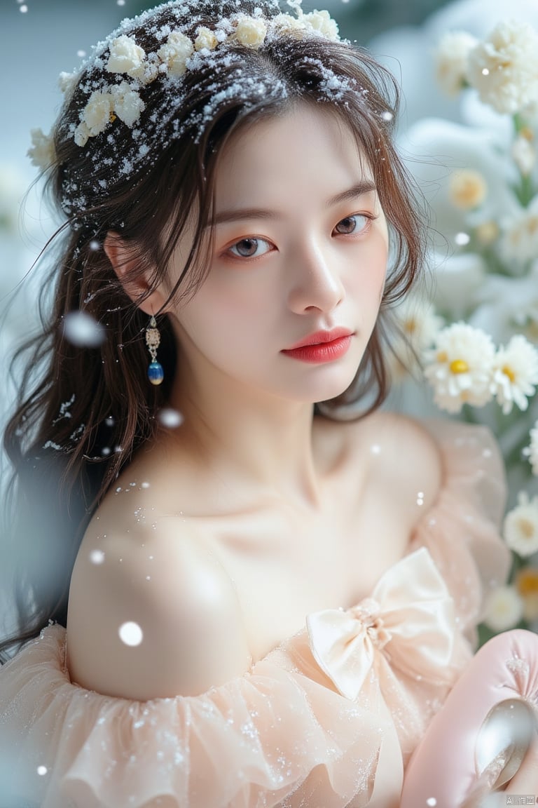 snow,luoxue,a woman with long brown hair, wearing a light pink strapless dress, adorned with a white bow, is adorned with tiny white flowers. Her eyes are a piercing blue, and her lips are painted a vibrant pink. She is wearing a white crown on her head, adding a pop of color to the scene. The backdrop is a stark white, with a bouquet of daisies to the right of her. A pair of pink ballet shoes can be seen in the bottom right corner of the frame.