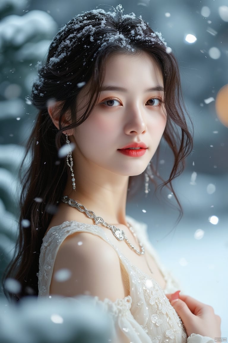 luoxue,snow,Softly falling snowflakes dance in the blurred background, framing a serene portrait of Luoxue. A close-up shot captures her delicate features: long dark brown hair cascading down her back, a gentle smile playing on her lips, and piercing blue eyes sparkling with warmth. She wears a pristine white dress adorned with intricate embroidery on the shoulders, complemented by a silver necklace and earrings that catch the subtle light. Her left hand rests on her hip, exuding confidence and poise as she stands amidst the winter wonderland.