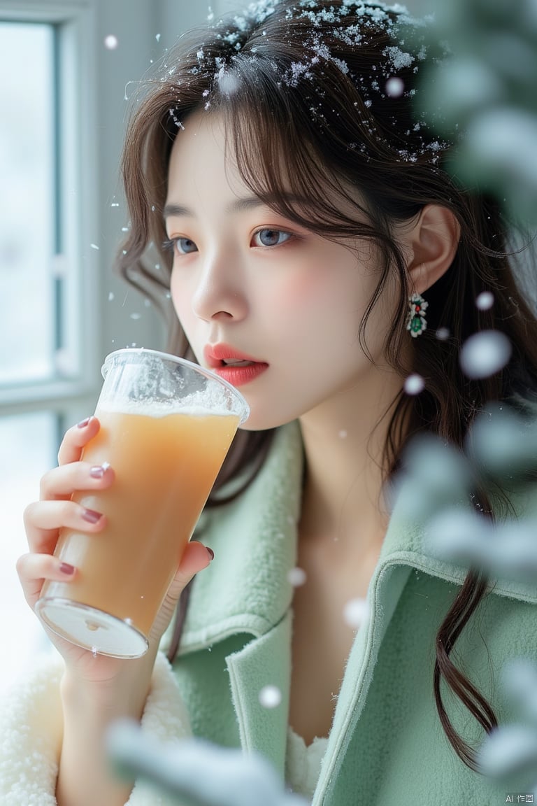 snow,luoxue,a young Asian woman with long brown hair, wearing a light green sleeveless vest, is drinking from a clear plastic cup. Her left hand is holding the cup, while her right hand is resting on the cup's surface. The woman's eyes are blue, her eyebrows are brown, and her lips are pink. The background is blurred, with a white wall behind her.