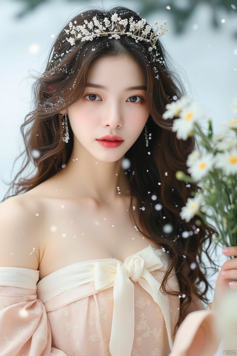 snow,luoxue,a woman with long brown hair, wearing a light pink strapless dress, adorned with a white bow, is adorned with tiny white flowers. Her eyes are a piercing blue, and her lips are painted a vibrant pink. She is wearing a white crown on her head, adding a pop of color to the scene. The backdrop is a stark white, with a bouquet of daisies to the right of her. A pair of pink ballet shoes can be seen in the bottom right corner of the frame.