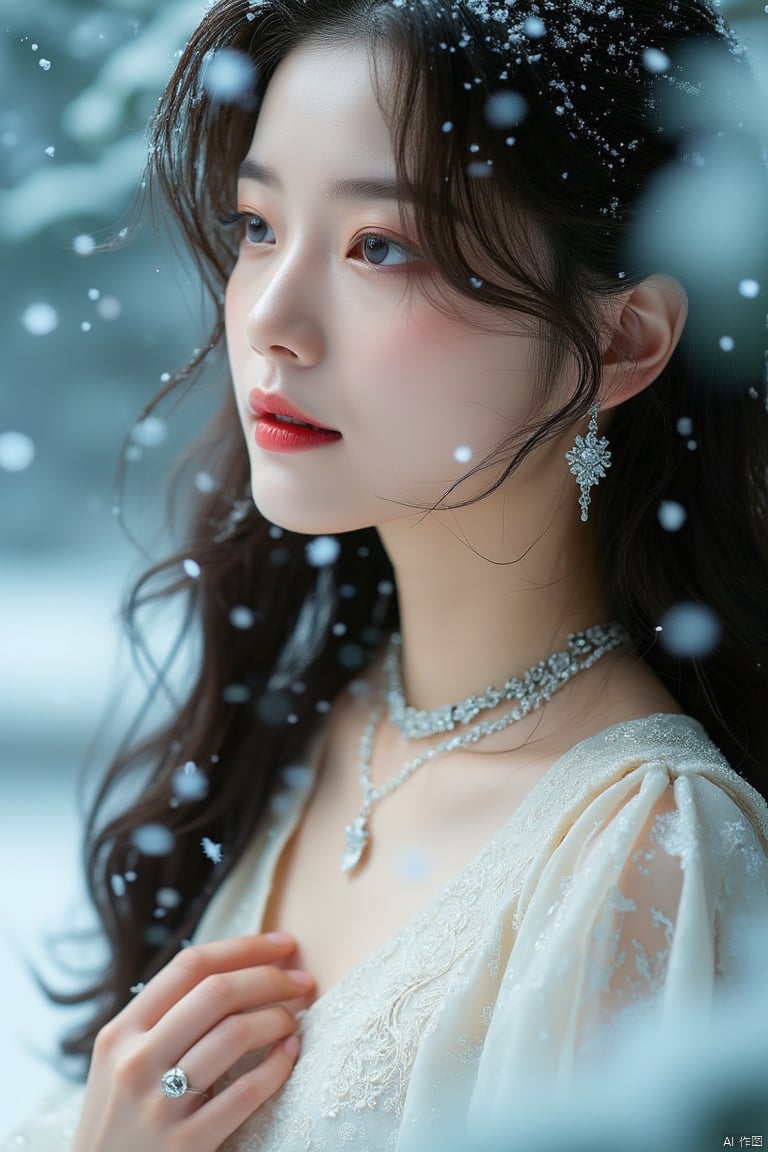 luoxue,Softly falling snowflakes dance in the blurred background, framing a serene portrait of Luoxue. A close-up shot captures her delicate features: long dark brown hair cascading down her back, a gentle smile playing on her lips, and piercing blue eyes sparkling with warmth. She wears a pristine white dress adorned with intricate embroidery on the shoulders, complemented by a silver necklace and earrings that catch the subtle light. Her left hand rests on her hip, exuding confidence and poise as she stands amidst the winter wonderland.