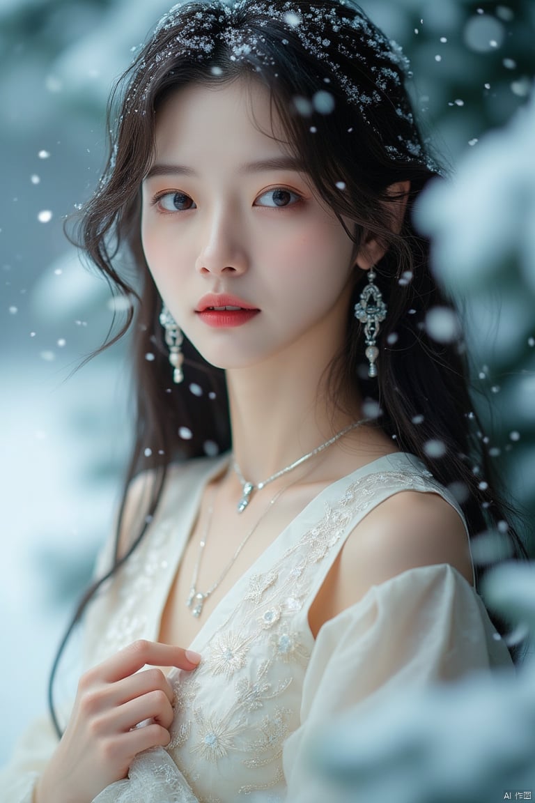 luoxue,Softly falling snowflakes dance in the blurred background, framing a serene portrait of Luoxue. A close-up shot captures her delicate features: long dark brown hair cascading down her back, a gentle smile playing on her lips, and piercing blue eyes sparkling with warmth. She wears a pristine white dress adorned with intricate embroidery on the shoulders, complemented by a silver necklace and earrings that catch the subtle light. Her left hand rests on her hip, exuding confidence and poise as she stands amidst the winter wonderland.