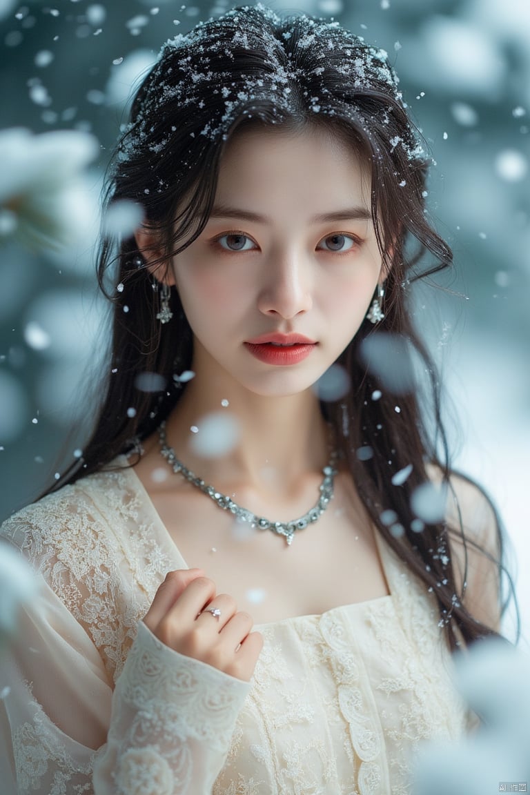 luoxue,snow,Softly falling snowflakes dance in the blurred background, framing a serene portrait of Luoxue. A close-up shot captures her delicate features: long dark brown hair cascading down her back, a gentle smile playing on her lips, and piercing blue eyes sparkling with warmth. She wears a pristine white dress adorned with intricate embroidery on the shoulders, complemented by a silver necklace and earrings that catch the subtle light. Her left hand rests on her hip, exuding confidence and poise as she stands amidst the winter wonderland.