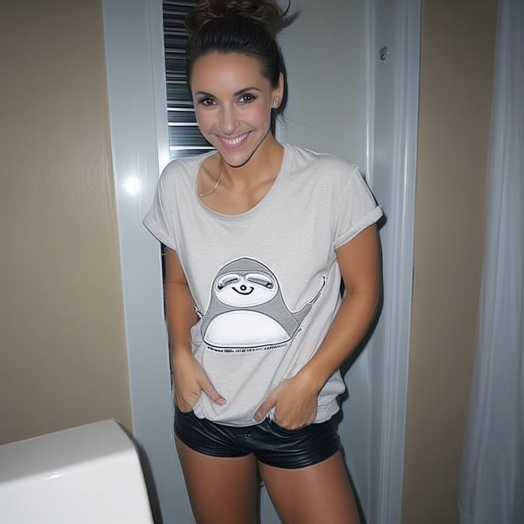 underwear, female pubic hair, bathroom, hair bun, facial hair, handbag, smile, brown eyes, hetero, hand on hip, t-shirt