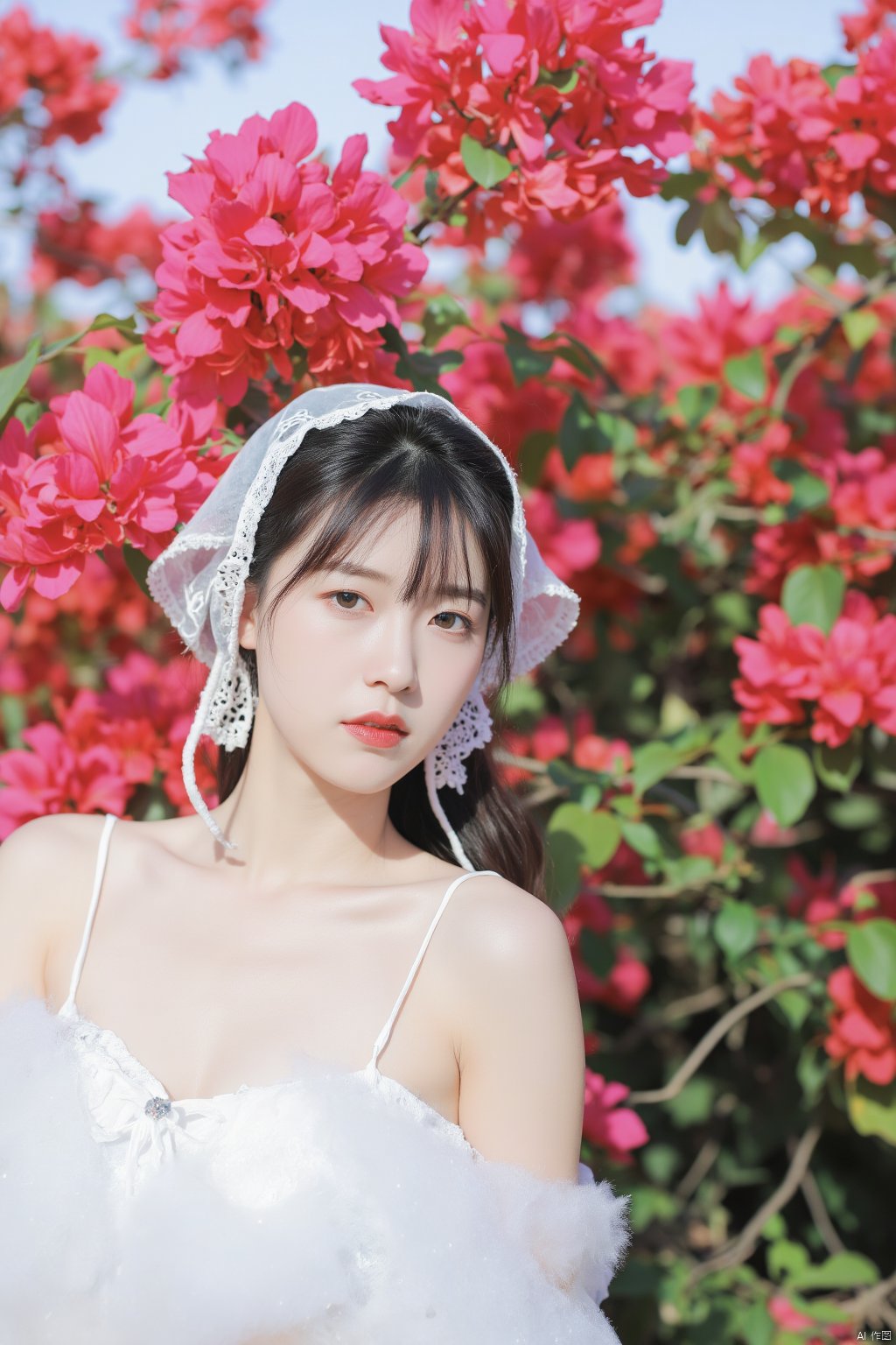 1girl
solo
long hair
looking at viewer
black hair
hair ornament
upper body
flower
outdoors
parted lips
day
hair flower
blurry
black eyes
lips
blurry background
realistic
