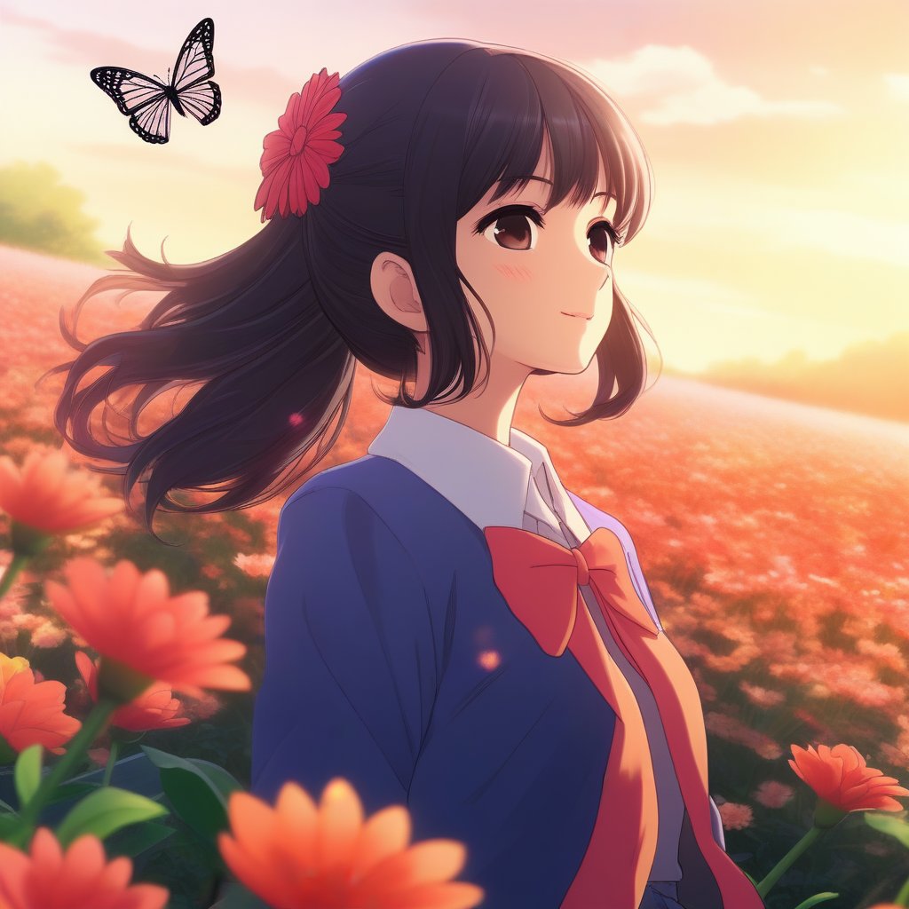 Anime style, a young woman in a school girl uniform stands in a vibrant flower field, sunlight filtering through the petals creating a soft glow. A butterfly gracefully flies nearby, adding a touch of whimsy. The composition is centered, with the woman looking slightly upwards, her expression serene. The background is filled with a variety of colorful flowers, enhancing the outdoor setting.