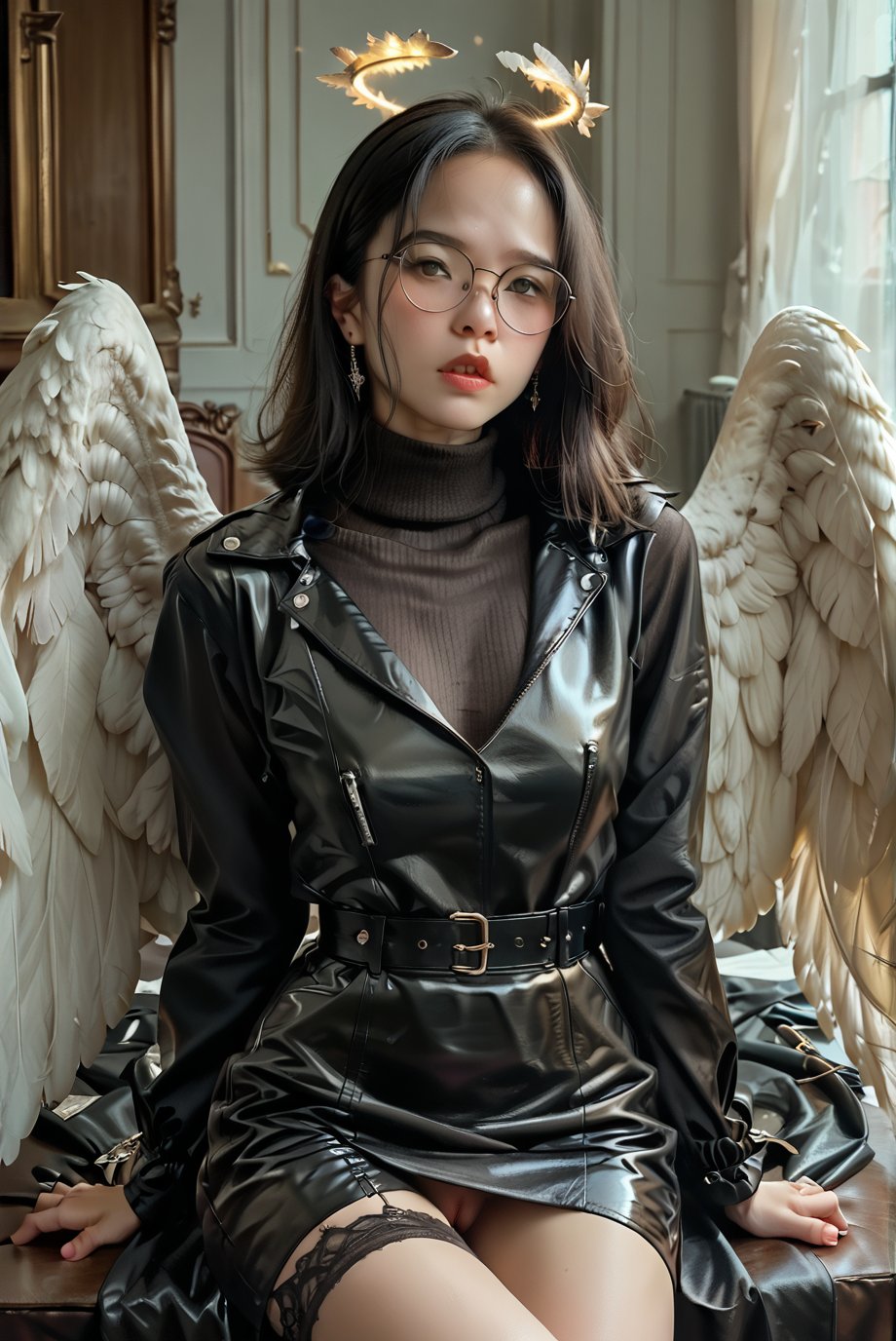 score_9, score_8_up, score_7_up,rating_explicit, a charming masterpiece of a woman as a fallen angel, (((dressed in a leather dress with tutleneck and big wings))),glasses