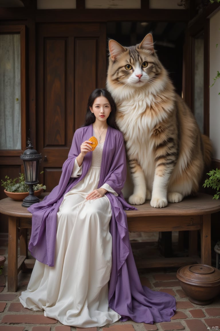 a woman in a white dress, adorned with a purple scarf, is seated on a brown table. She is holding a small orange object in her right hand, while her left hand is resting on the table. Her right hand is positioned in front of her left arm. Her left arm is draped in a purple blanket, adding a touch of color to her dress. The cat, a brown and white, is standing on the right side of the table, looking at the camera. The table is positioned on a brick floor, with a brown bowl and a black lamp on it. 