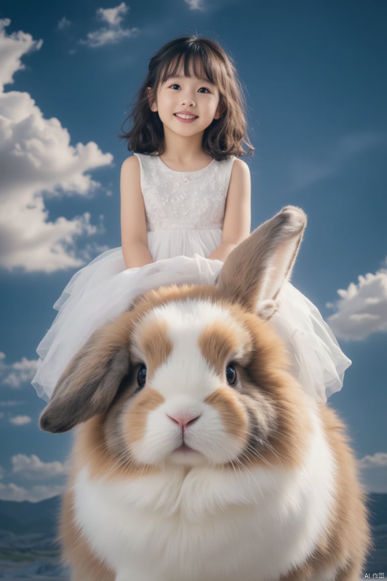 A young Asian girl wearing a white dress is sitting on the head of a brown and white rabbit. This is a low angle, level eyed photo. The rabbit had a black smile on its face. The girl's hair was combed back into a ponytail, adding a touch of warmth to the scene. The sky is dark blue, dotted with fluffy white clouds, adding color to the overall composition of the image. yt,yt