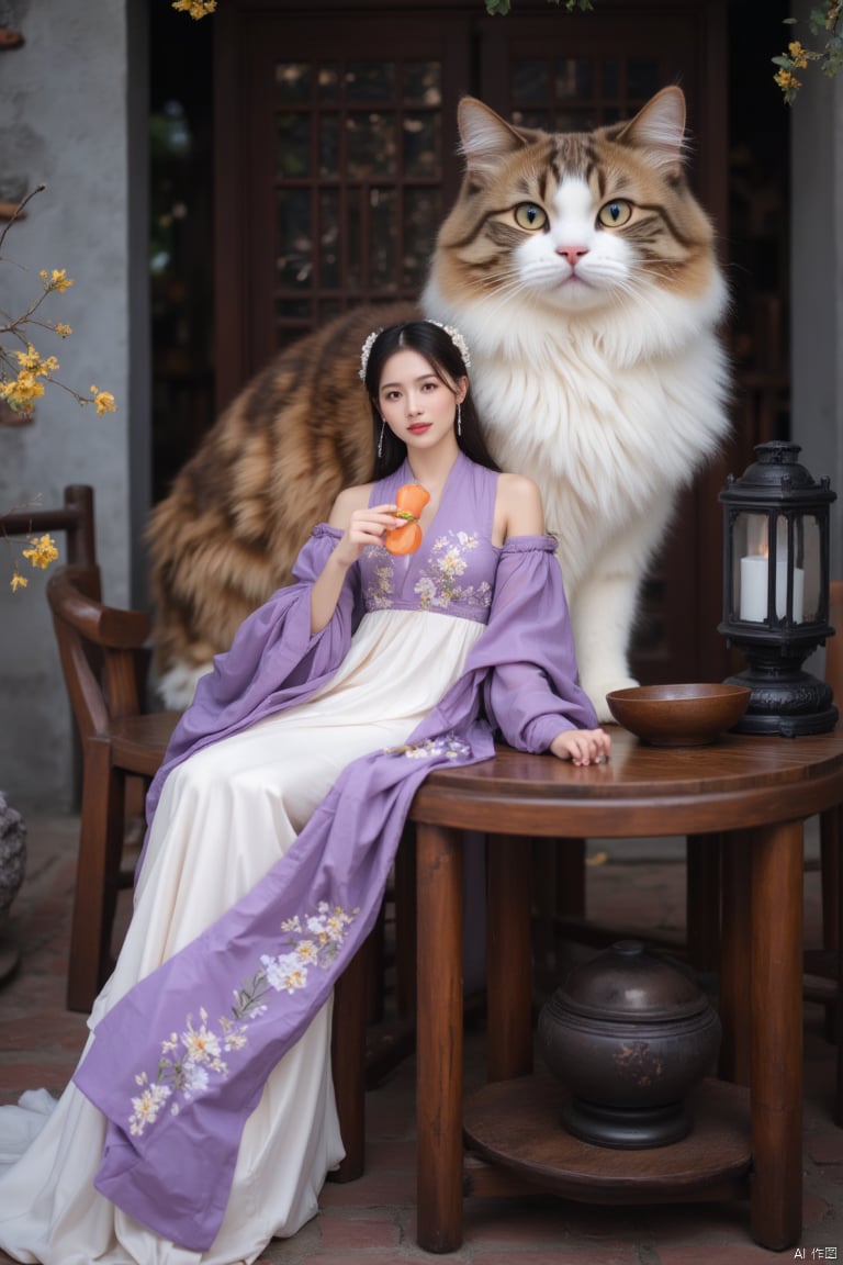 a woman in a white dress, adorned with a purple scarf, is seated on a brown table. She is holding a small orange object in her right hand, while her left hand is resting on the table. Her right hand is positioned in front of her left arm. Her left arm is draped in a purple blanket, adding a touch of color to her dress. The cat, a brown and white, is standing on the right side of the table, looking at the camera. The table is positioned on a brick floor, with a brown bowl and a black lamp on it. .Chinese style