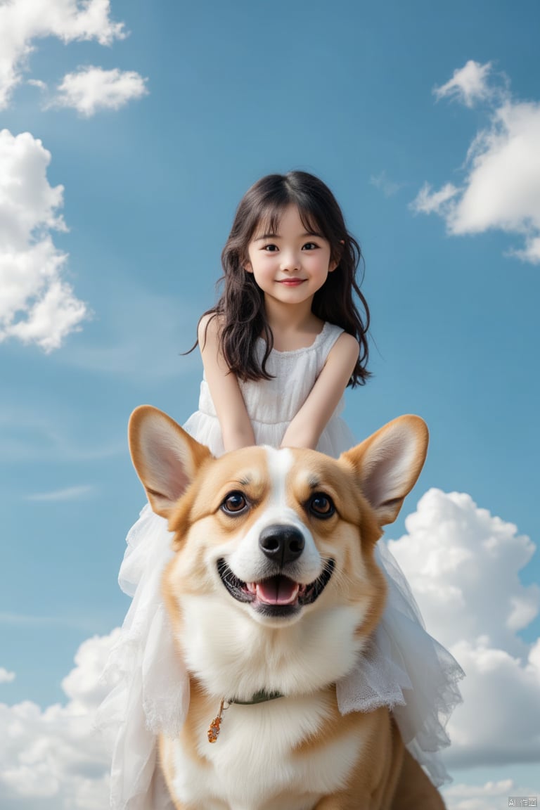 Captured in a low-angle, eye-level shot, a young Asian girl, dressed in a white dress, is seated on the head of a brown and white corgi dog. The dog's face is adorned with a black smile. The girl's hair is pulled back in a ponytail, adding a touch of warmth to the scene. The sky is a deep blue, dotted with fluffy white clouds, adding to the overall composition of the image.yt,YT