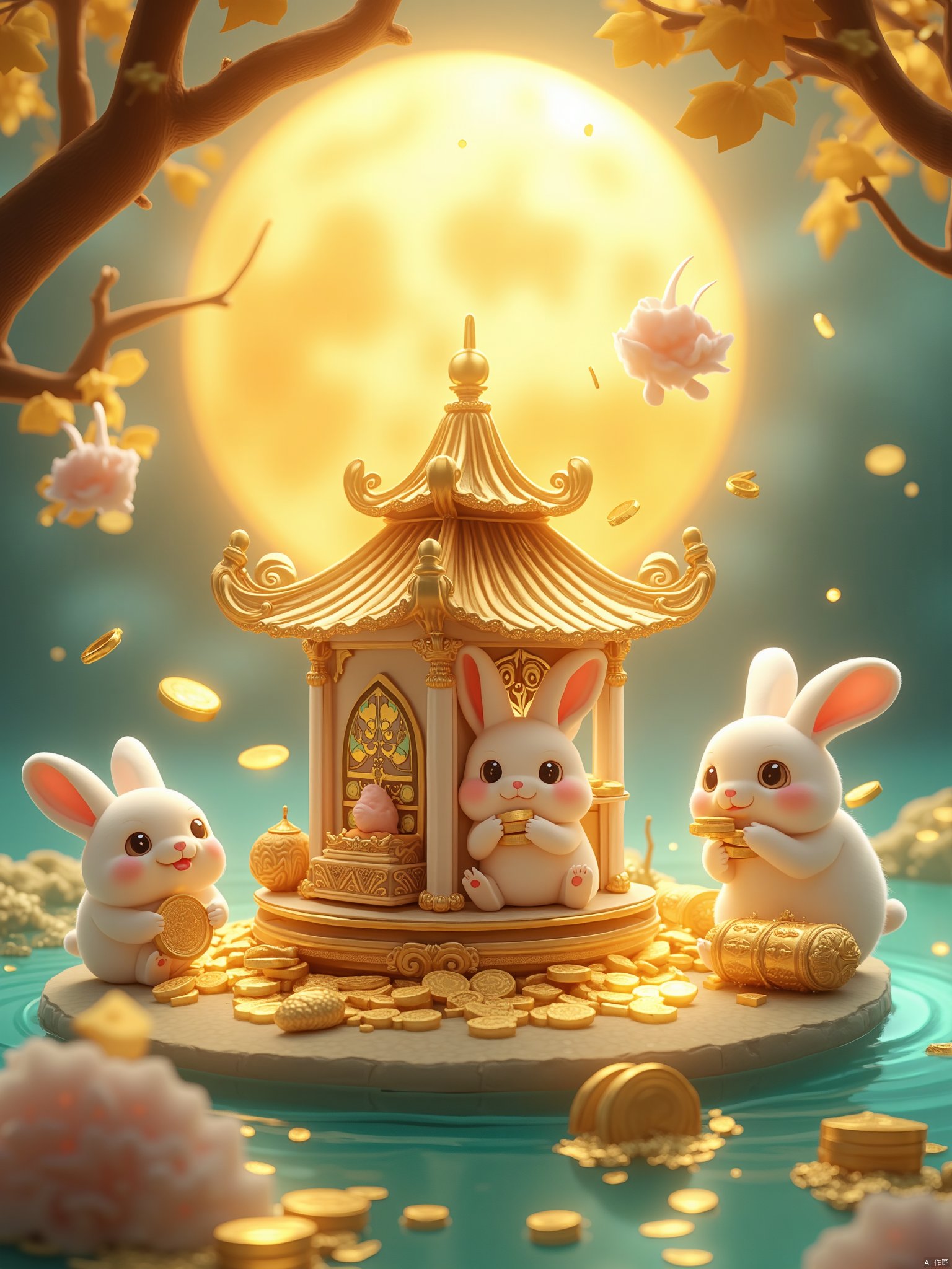 OBweisuo,This is a vibrant, digital illustration depicting a whimsical, fairytale-like scene. The central focus is a small, ornate pavilion with a golden roof, nestled on a floating platform in a serene, turquoise lake. The pavilion is adorned with intricate golden details and has a small, open window with a decorative lattice pattern. Three adorable white rabbits with large, expressive eyes and rosy cheeks are the main characters. The rabbit on the left is holding a golden coin in its paws, while the rabbit in the middle is seated with a contented expression, also holding a coin. The rabbit on the right is holding a golden coin in its mouth, appearing to be in the act of eating it.Scattered around the platform are numerous golden coins and a golden chest, adding to the wealth and opulence of the scene. The background features a large, glowing golden sun, casting a warm, golden light over the entire composition. Golden leaves from a tree branch, with a textured bark, extend from the top left, adding to the magical ambiance. The overall style is rich and detailed, with a focus on vibrant colors and a soft, dreamy texture, creating an enchanting and whimsical atmosphere.