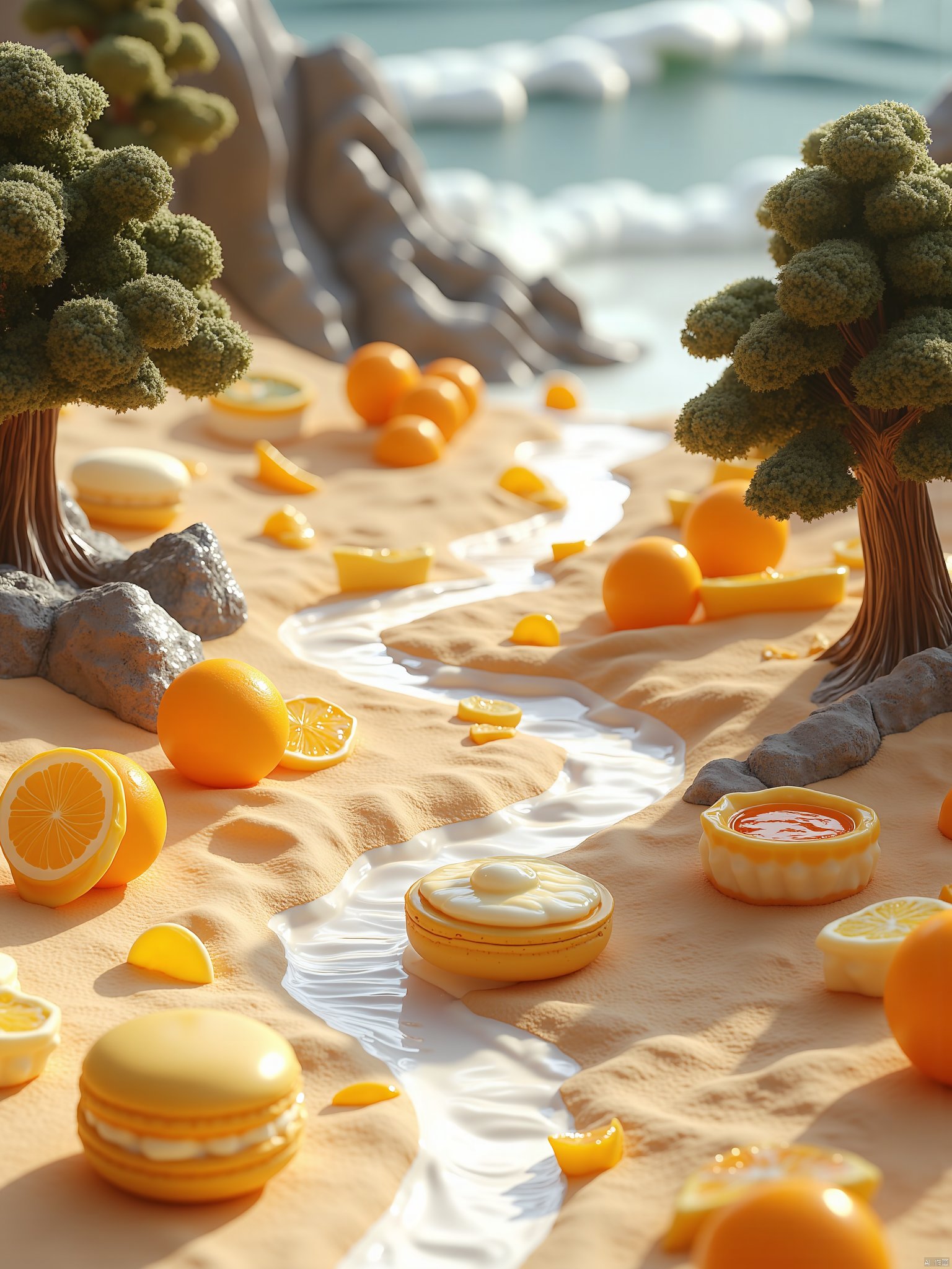 OBweisuo,This is a highly detailed, realistic CGI (computer-generated imagery) photograph depicting a surreal, whimsical beach scene. The setting features a sandy beach with a winding, shallow stream running through the center. The stream is lined with various types of confections, including macarons, tarts, and candied fruits, all in shades of orange and yellow, which mimic the colors of the beach sand and the surrounding foliage. The scene is populated with miniature trees with lush, dark green foliage and snow-like, white icing, giving the impression of a frosty environment.In the foreground, there is a macaron with white cream filling, placed on a white, textured surface. Nearby, there is a tart with a dollop of white cream on top, and scattered around are candied oranges and lemons, some of which are sliced open to reveal their juicy interiors. The background features a rocky coastline with waves crashing against it, creating a dynamic contrast with the serene beach scene. The entire image is rich in texture and color, with a high level of detail that captures the viewer's attention and imagination. The style is reminiscent of a dreamy, fantastical landscape, blending elements of nature and confectionery in a harmonious, visually striking composition.