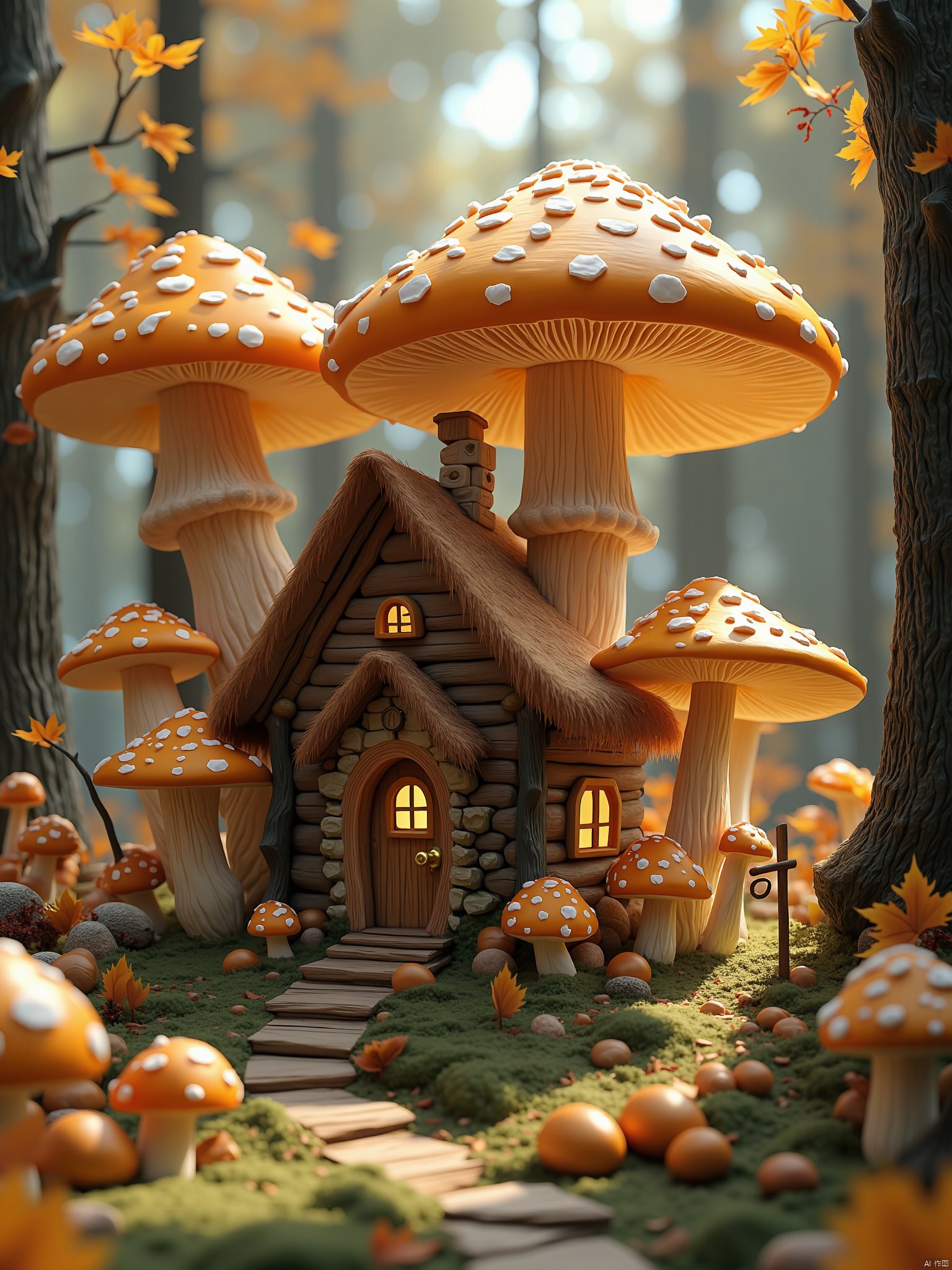 OBweisuo,This is a highly detailed, whimsical CGI illustration of a fairytale-like house nestled among vibrant mushrooms in a forest. The house is a small, cozy structure with a thatched roof made of brown, earthy materials. The roof is supported by several large, bright orange mushrooms with white spots, which add a magical and surreal touch to the scene. The house features a small, arched wooden door with a golden handle, and a small, circular window with a yellowish glow, suggesting a warm interior.Surrounding the house are numerous mushrooms of varying sizes, some with tall, slender stems and others with broad, flat caps. The forest floor is covered in lush, green moss, and there are scattered autumn leaves in shades of orange, brown, and yellow, indicating the season. The background is a blurred, out-of-focus forest, with hints of tall trees and a soft, natural light filtering through the leaves. The textures are meticulously detailed, from the rough, textured bark of the trees to the smooth, glossy surfaces of the mushrooms. The overall atmosphere is enchanting and dreamlike, transporting the viewer into a fantastical, fairytale world.