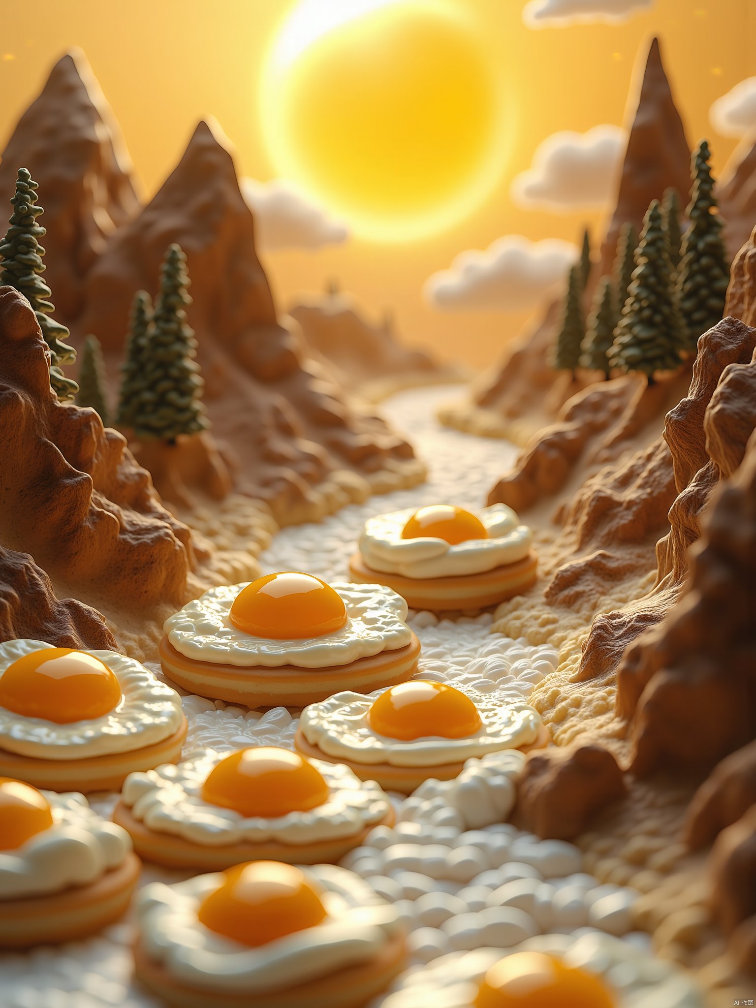 OBweisuo,This image is a highly detailed, hyper-realistic photograph of an artistic food arrangement that resembles a serene mountain landscape with a flowing river. The foreground features a series of cookies, each topped with a glossy, yellow-orange egg yolk and a white, fluffy egg white, resembling fried eggs. The cookies themselves are round, with a golden-brown hue and a slightly rough texture, mimicking the texture of a baked good.In the background, there are miniature, meticulously crafted pine trees and rocky cliffs, made from edible materials such as chocolate and fondant, creating a three-dimensional effect. The river, flowing through the scene, is constructed from a white, fluffy substance, possibly marshmallow or meringue, giving it a soft, cloud-like appearance.The lighting in the image is warm and soft, casting a golden glow that enhances the natural colors of the scene. The background includes a large, yellow-orange orb, likely a representation of the sun, which adds to the overall serene and dreamy atmosphere. The composition is balanced, with the foreground and background elements working together to create a cohesive, visually striking scene that blends fantasy and reality in a culinary art form.