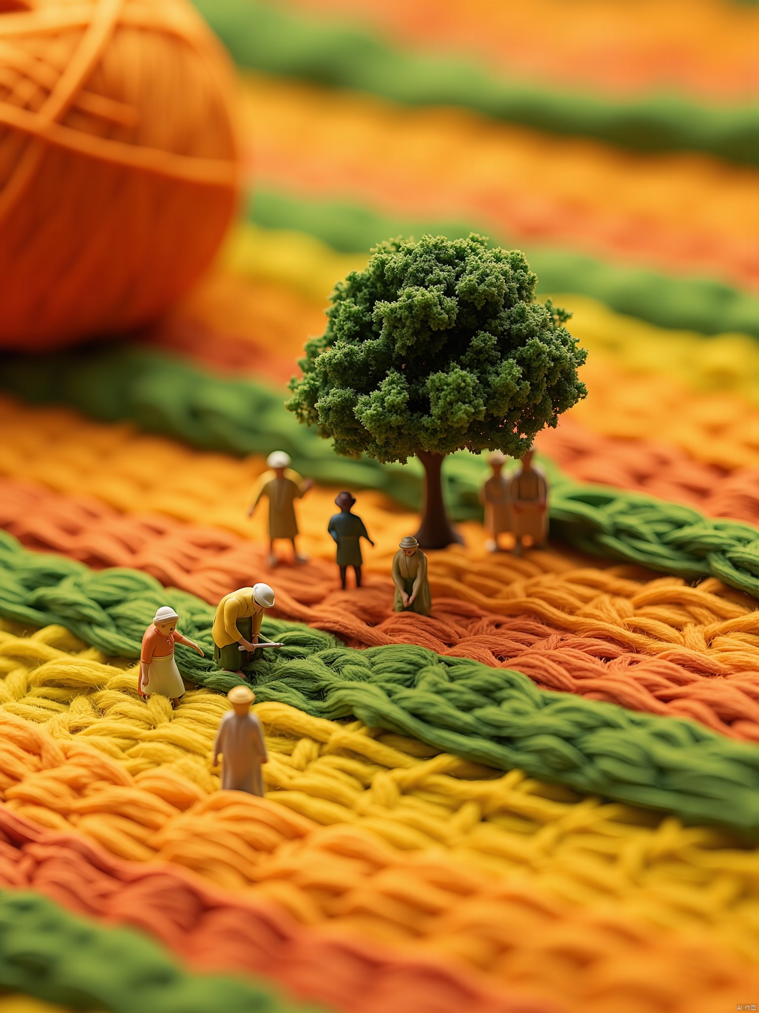 OBweisuo,This photograph showcases a whimsical, miniature scene featuring a small, meticulously crafted model of a tree surrounded by tiny figures. The tree, with its lush green foliage, is positioned in the center of the image. Surrounding the tree are five tiny figures, each wearing traditional clothing, including hats and aprons, suggesting a rural setting. The figures are arranged in a small group to the left and another pair to the right, with one figure kneeling in the foreground, adding a sense of depth to the scene.The background is dominated by a vividly colored, striped textile, primarily in shades of orange and green, creating a vibrant, almost surreal contrast to the miniature figures and tree. The texture of the fabric is soft and woven, with the stripes running horizontally across the image. In the upper left corner, a larger ball of yarn in the same orange and green colors is visible, adding to the textile theme. The overall composition is meticulously arranged, with attention to detail and color coordination, giving the image a playful and imaginative feel. The photograph captures a moment of tranquility in a miniature world, blending realism and fantasy.