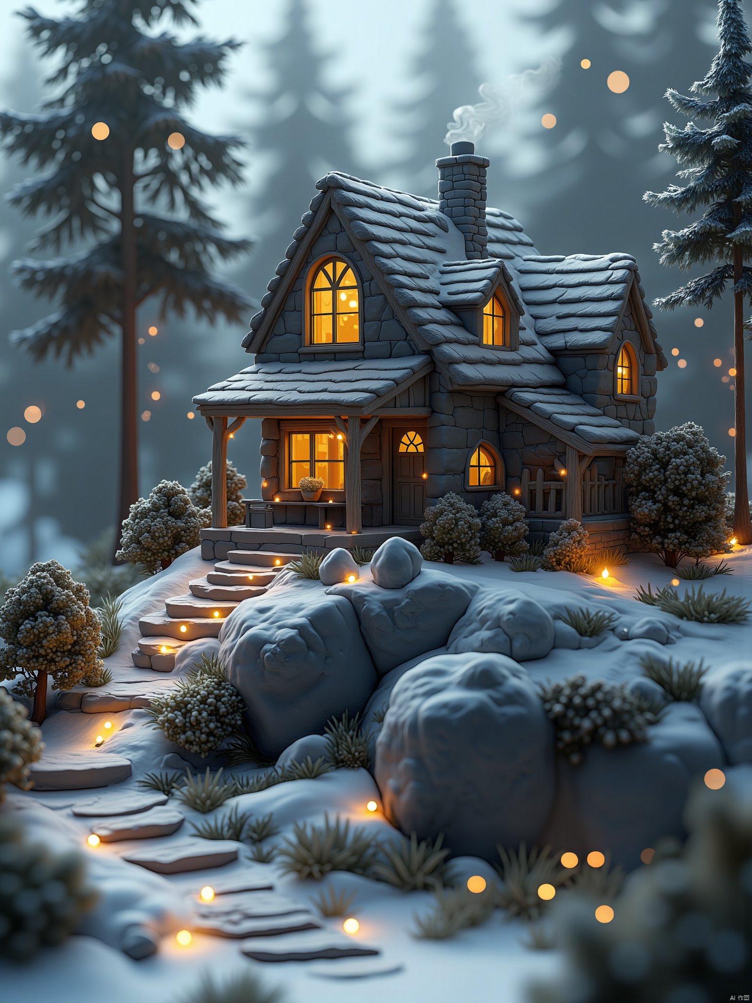 OBweisuo,This is a hyper-realistic CGI image of a charming, cozy cottage nestled on a rocky outcrop in a snowy forest. The cottage is constructed from rough, gray stones, giving it a rustic, quaint appearance. It has a small, pointed roof with a chimney emitting a gentle plume of smoke, suggesting warmth inside. The windows are large, with warm, yellowish light emanating from them, casting a soft glow on the snow-covered ground.The cottage has two levels: the main level with a large window and a smaller, adjacent extension with a smaller window. Surrounding the cottage are meticulously detailed, miniature pine trees, adding to the wintry ambiance. The ground is covered in a thick layer of snow, with some patches of grass and shrubs peeking through, suggesting a late winter or early spring season.A narrow, stone staircase leads up to the cottage, illuminated by tiny, warm fairy lights placed along the steps, creating a magical, inviting atmosphere. The background features tall, dark pine trees, their needles lightly dusted with snow, and a soft, out-of-focus bokeh effect that enhances the focus on the cottage. The overall scene is a harmonious blend of natural elements and human craftsmanship, evoking a sense of tranquility and enchantment.