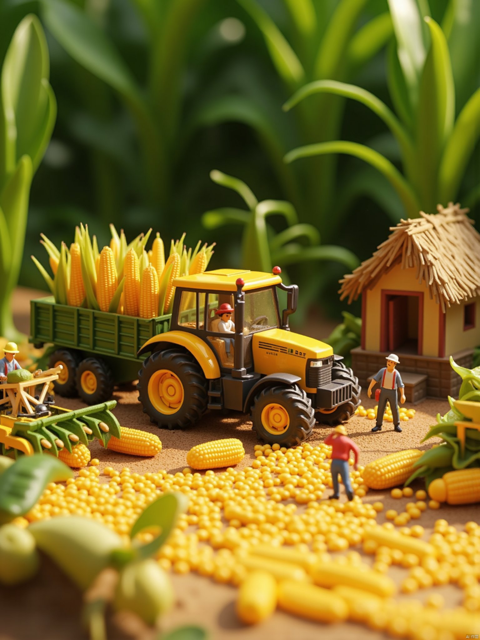 OBweisuo,This is a highly detailed, digitally created image depicting a vibrant agricultural scene. The central focus is a bright yellow tractor with large, black tires and a green and yellow trailer filled with corn stalks. The tractor is driven by a small figure wearing a red hat and a white shirt, seated in the cab. To the left, another small figure in a white hat and a blue shirt operates a yellow corn harvester, also harvesting corn. The background features lush green foliage, including tall plants and broad leaves, suggesting a rich, fertile environment. To the right, there is a small, rustic, thatched-roof hut with a small door and windows, adding a quaint, rural charm to the scene. The ground is covered with golden corn kernels, creating a textured, earthy effect. In the foreground, scattered corn husks and cobs are visible, along with small toy figures dressed in traditional farm attire, adding a sense of scale and activity to the scene. The overall color palette is dominated by earthy tones of yellow, green, and brown, with splashes of red from the hats and the tractor's logo. The image is rich in detail and texture, capturing the essence of a busy, productive farm.