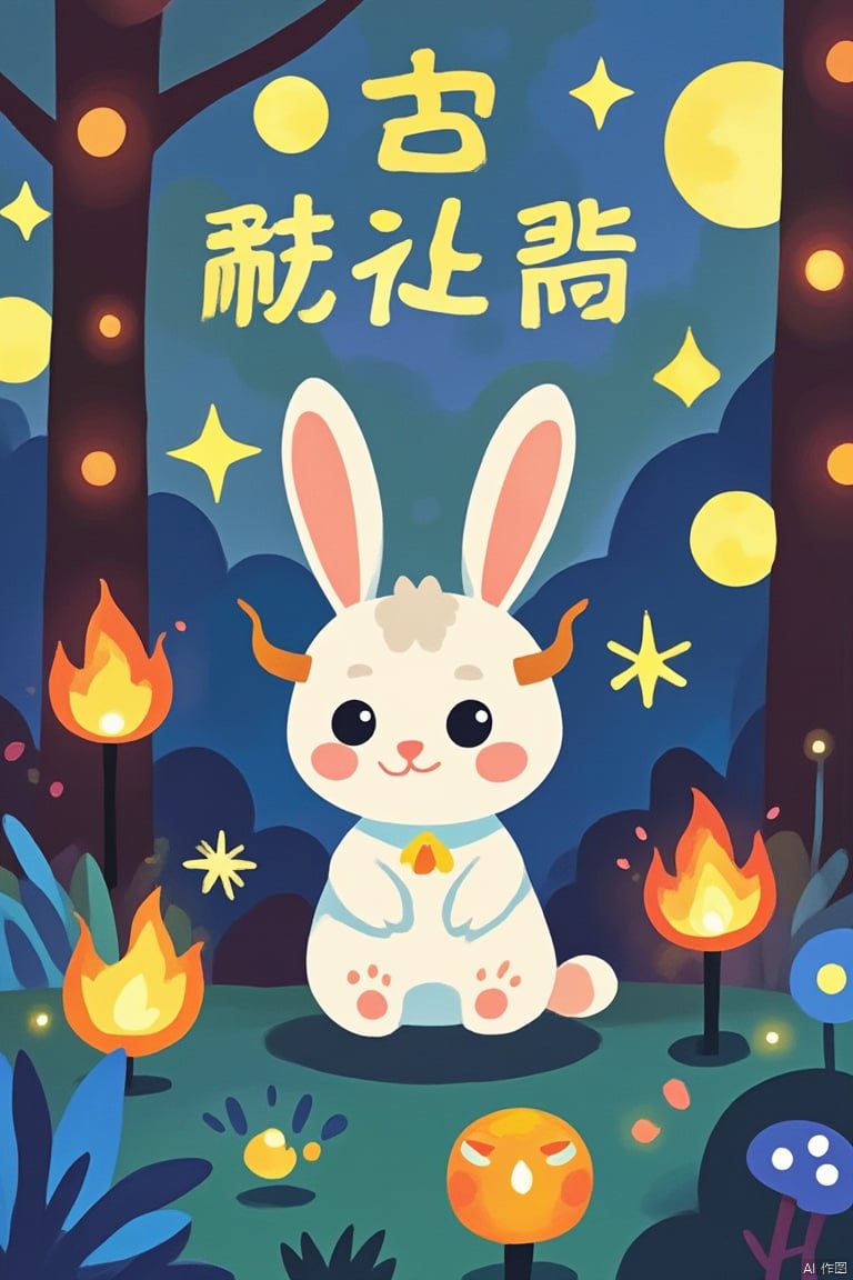 Cute little rabbit, alone, looking at the audience, smiling, standing, tail, whole body, horns, blurry, black eyes, moon, mooncake, no one, fire, claws, calligraphy with poster title "Mooncake"