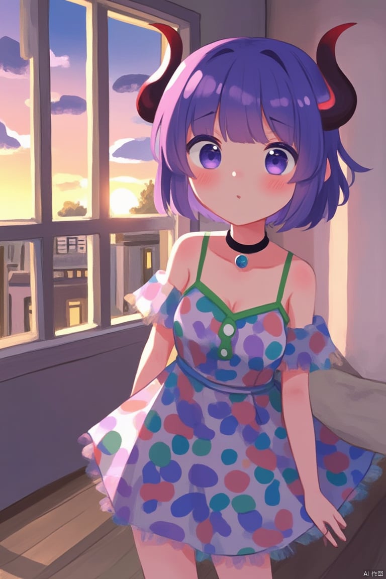 1girl, solo, breasts, looking at viewer, blush, short hair, bangs, dress, bare shoulders, closed mouth, standing, purple eyes, collarbone, purple hair, sweat, small breasts, horns, sky, sleeveless, choker, cloud, indoors, bare arms, dutch angle, window, sleeveless dress, feet out of frame, black choker, building, sunset, spaghetti strap, print dress