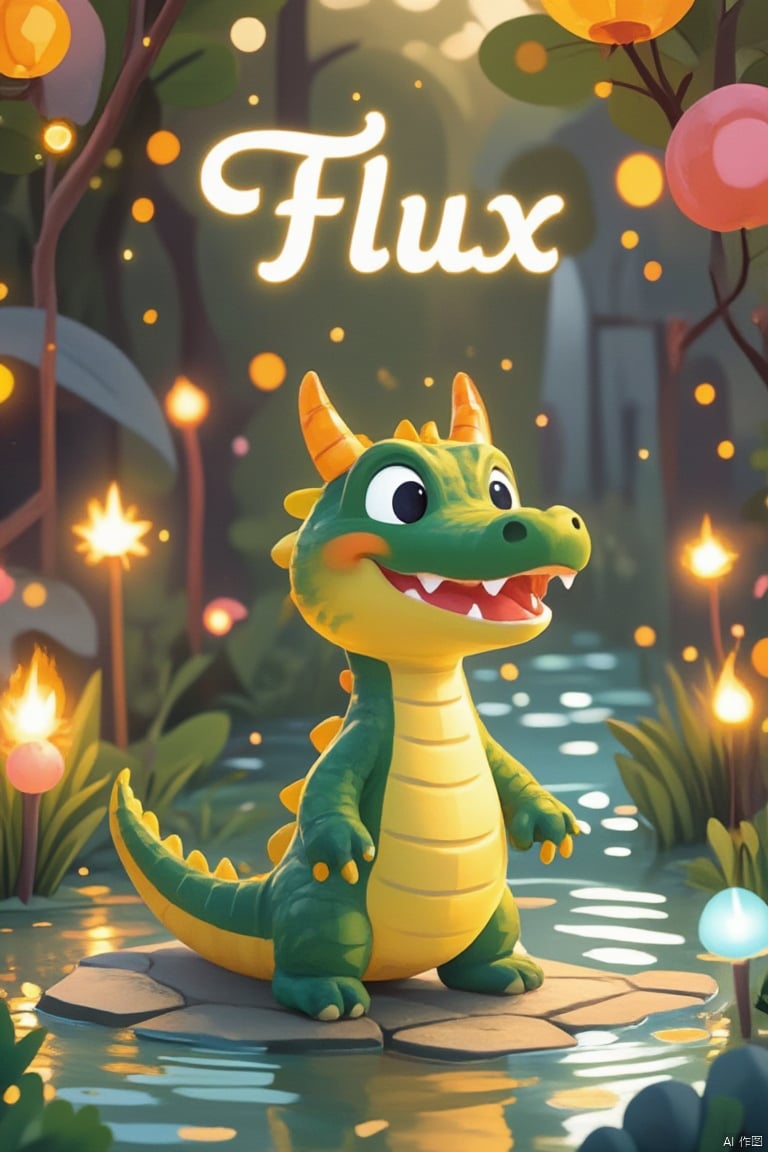 Cute little crocodile, alone, looking at the audience, smiling, standing, tail, whole body, horns, blurry, black eyes, no one, fire, claws, poster title "Flux" written in calligraphy