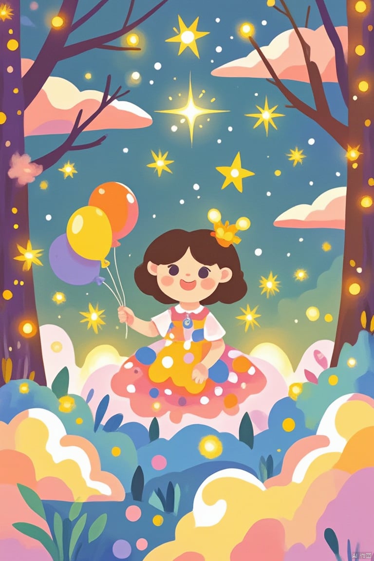 A sweet illustration of a charming young girl, smiling brightly with her eyes shining like sparkling stars. She sits on a soft, fluffy cloud, surrounded by delicate wisps of cotton candy. Her curly hair bounces with each gentle move, and her tiny hands cradle a cluster of colorful balloons. The warm sunlight casts a golden glow, illuminating the entire scene with a sense of whimsy and joy.