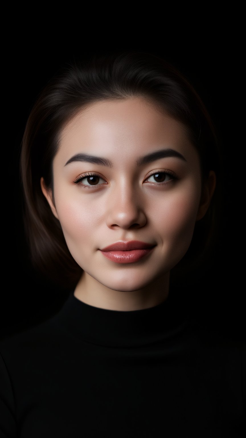 Generate hyper realistic image of a portrait of woman ,(25 years old),smile,(eye contact:1.3),(intense stare:1.3),on a (plain black background:1.2),(headshot:1.2),(face focus:1.1),(facing the camera:1.2),head in the centre,slight smile but sad,(facing straightforward:1.2),(forward facing:1.1),face focus,f1.4,40mm,photorealistic,raw,8k,skin pores,dried-up,textured skin,intricate details,dramatic light,award winning,Strong emotional expression,depth of field,blurry,Bokeh,by Nori Inoguchi,Masterpiece,Enhanced all