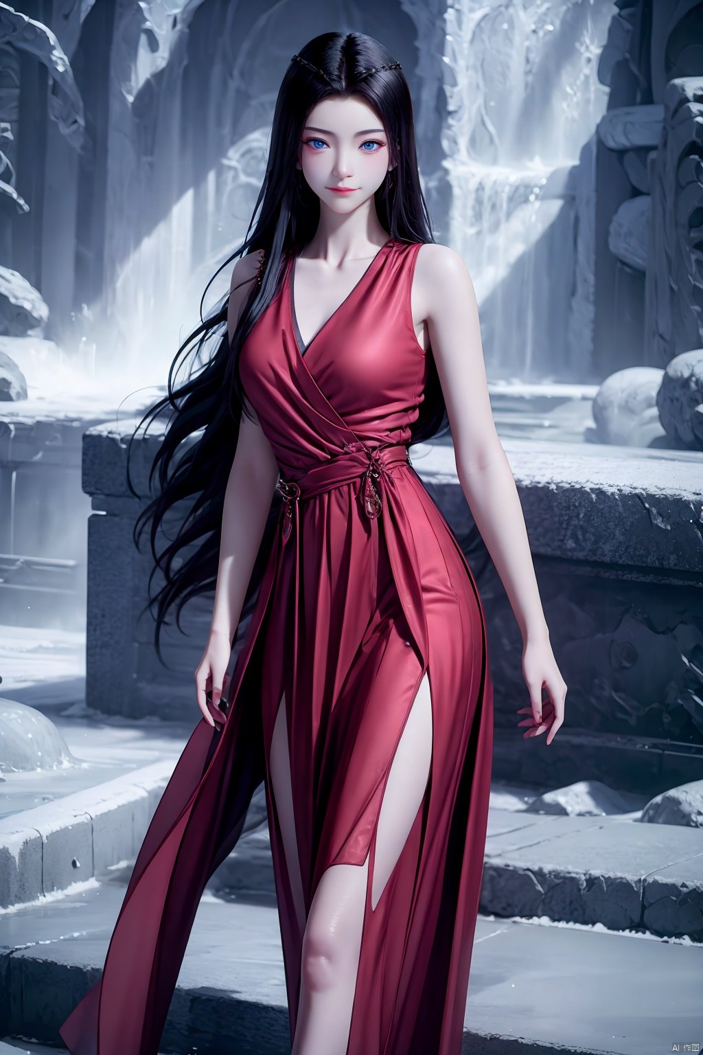 1girl, solo, long hair, looking at viewer, blue eyes, black hair, dress, jewelry, standing, sleeveless, sleeveless dress, red dress, stairs