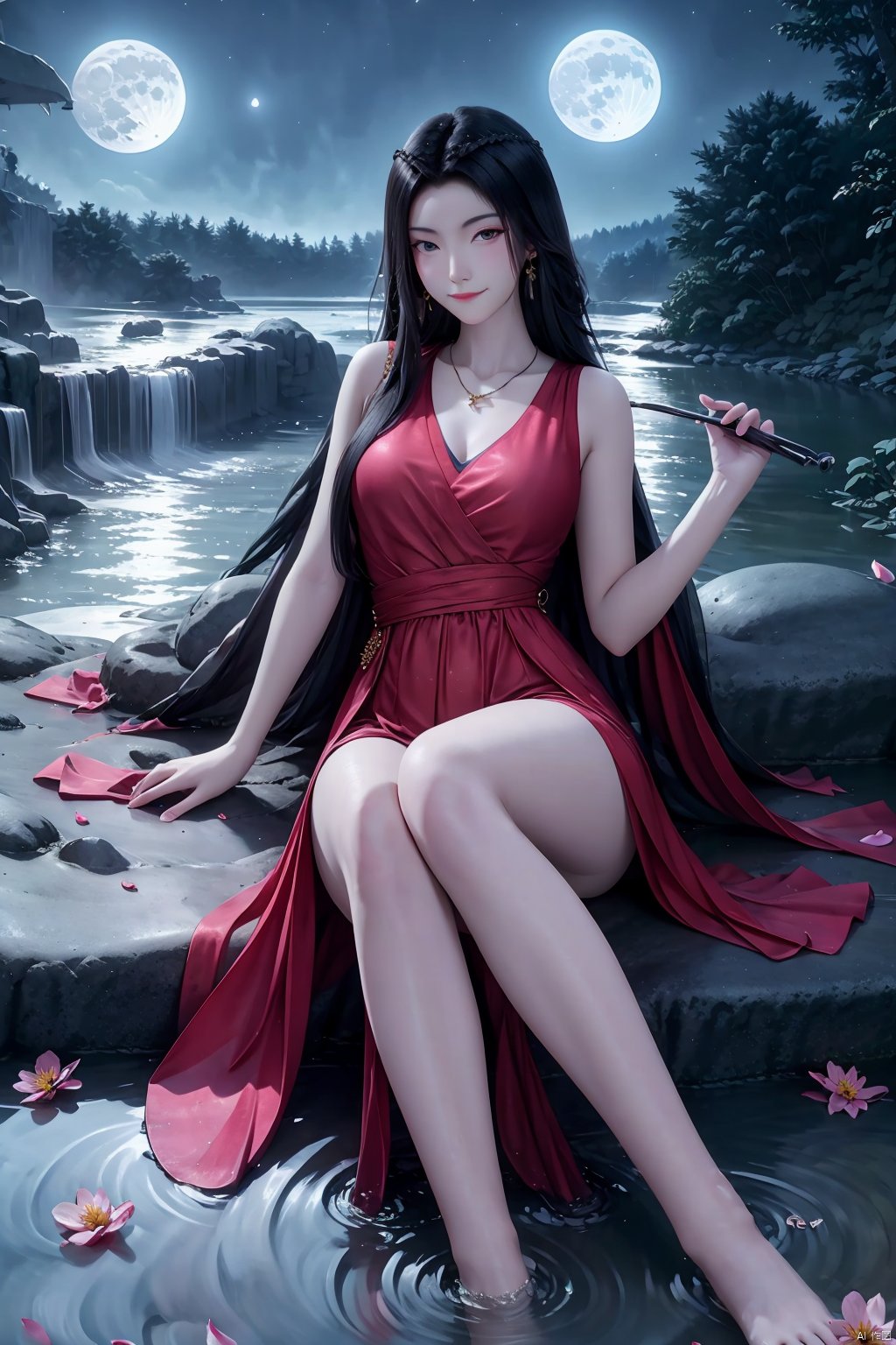 1girl, solo, long hair, looking at viewer, smile, black hair, dress, jewelry, sitting, flower, earrings, sky, barefoot, water, necklace, petals, bare legs, night, moon, red dress, night sky, full moon, rock, waterfall