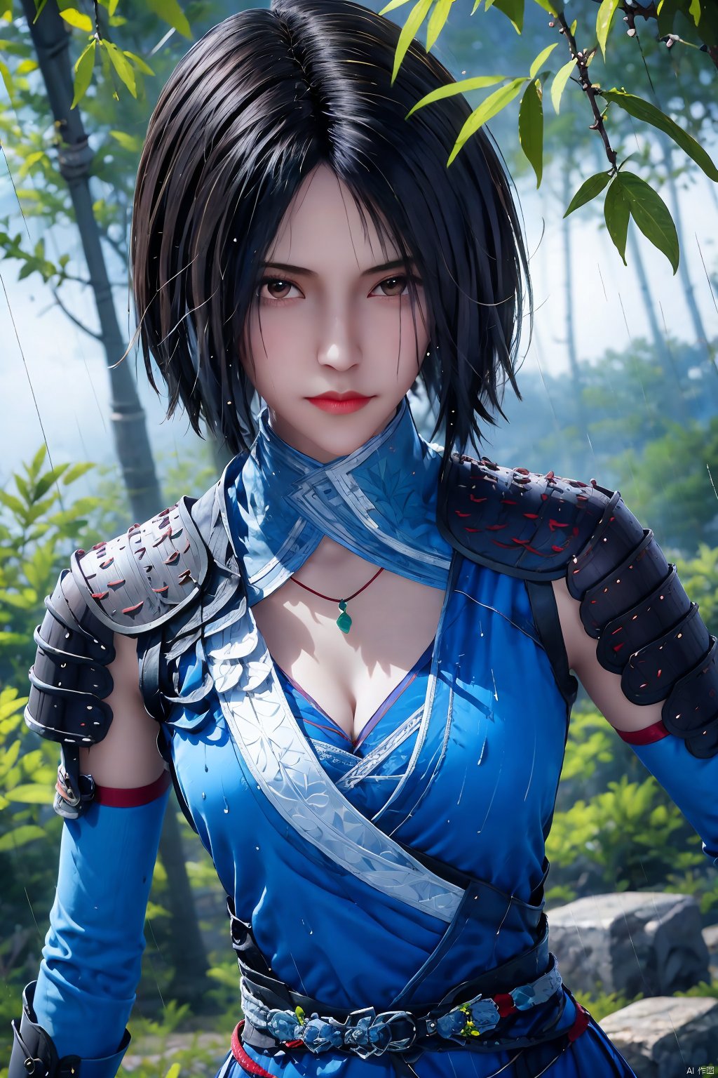 1girl, solo, breasts, looking at viewer, short hair, black hair, dress, cleavage, brown eyes, jewelry, medium breasts, upper body, outdoors, detached sleeves, necklace, armor, blurry, blurry background, blue dress, leaf, rain