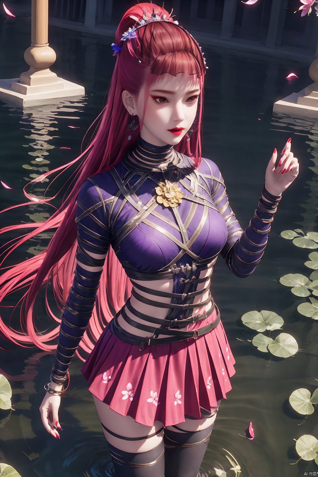 1girl, solo, long hair, breasts, bangs, skirt, hair ornament, thighhighs, long sleeves, jewelry, closed mouth, standing, ponytail, pink hair, flower, red hair, pleated skirt, earrings, outdoors, hand up, blunt bangs, water, petals, tiara, red nails, wading, purple skirt, red lips, ripples, lily pad, pond