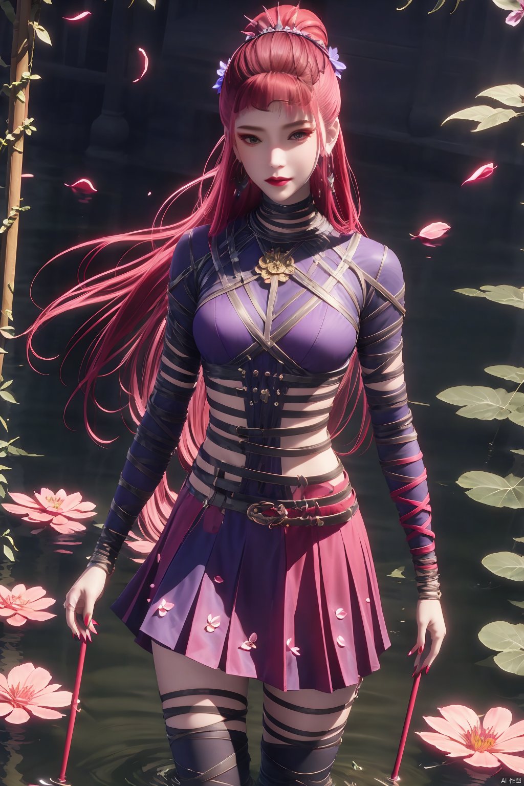 1girl, solo, long hair, breasts, looking at viewer, bangs, skirt, thighhighs, long sleeves, holding, jewelry, medium breasts, very long hair, closed mouth, standing, ponytail, pink hair, flower, red hair, cowboy shot, pleated skirt, earrings, boots, belt, blunt bangs, water, nail polish, petals, thigh boots, red nails, wading, purple skirt, red lips