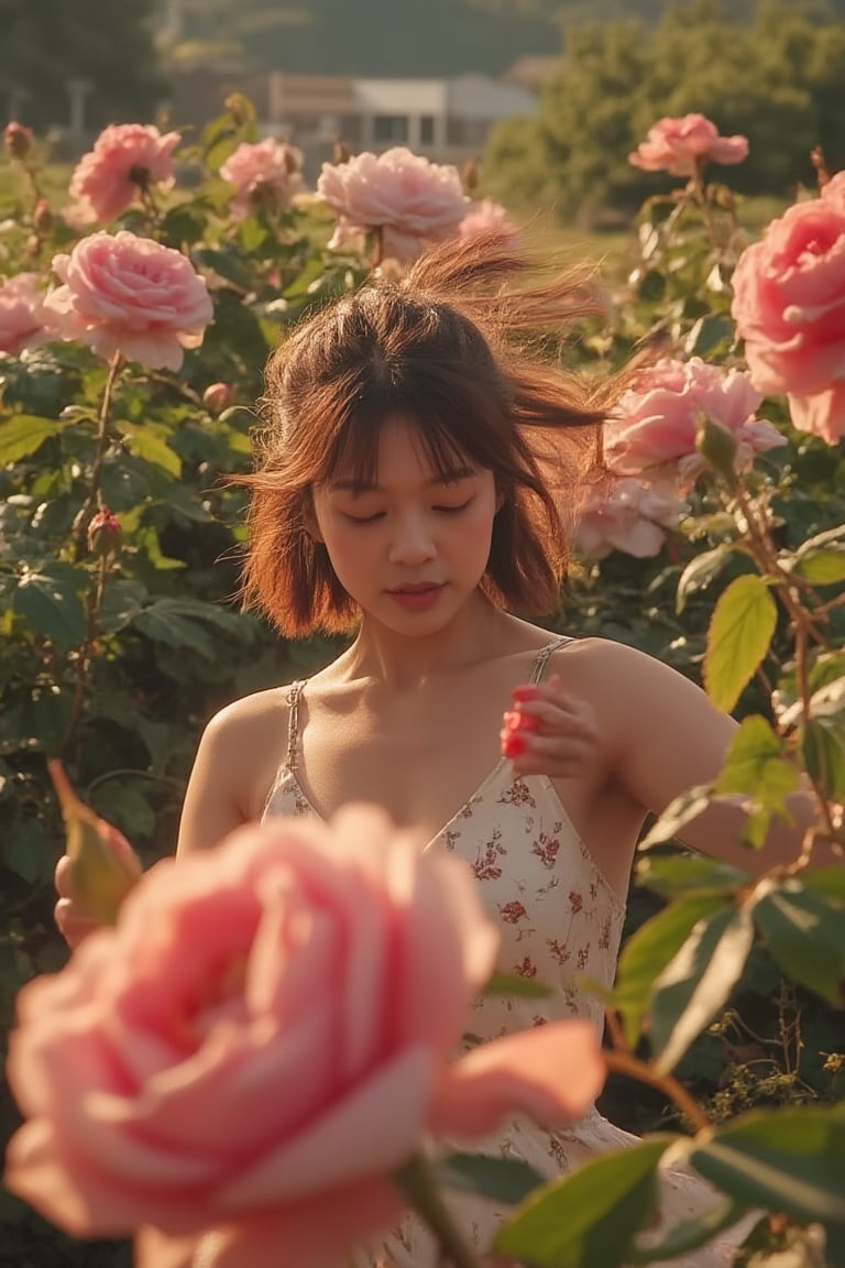 A vibrant, full-body shot of a woman dancing gracefully in a lush garden of blooming roses. The scene is bathed in warm, golden sunlight, casting soft shadows and highlighting the petals' rich colors. The woman's flowing dress and hair create dynamic movement, complementing the natural beauty of the garden. The composition frames her amidst the roses, emphasizing the harmony between her dance and the floral surroundings.