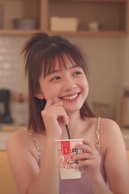 Cute girl tilts her head and smiles sweetly, holding a cup of pearl milk tea in her hand