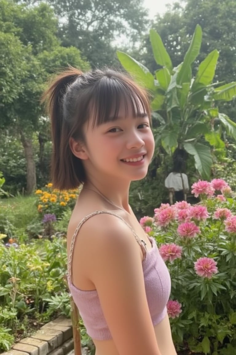 A charming young girl standing in a lush, vibrant garden, surrounded by blooming flowers of various colors. The scene is brightly lit with soft, natural sunlight, casting a warm glow on her face and the flowers. The composition is mid-shot, capturing her full figure and the garden's beauty. She stands with a gentle, relaxed pose, her expression soft and sweet, with a slight smile. The background features a mix of tall, leafy plants and colorful blossoms, creating a picturesque setting.