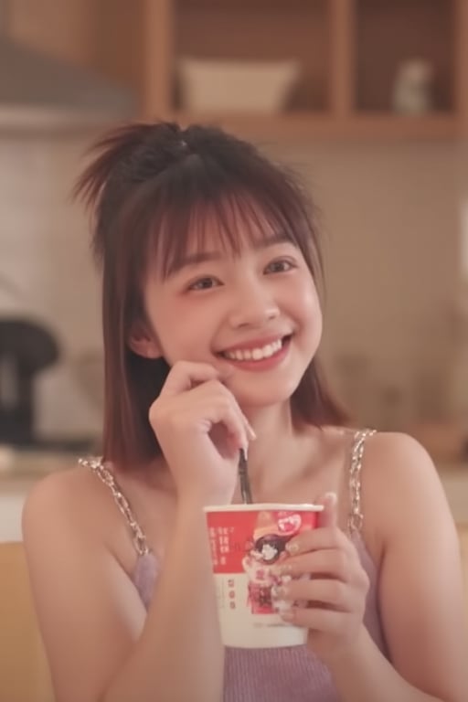 Cute girl tilts her head and smiles sweetly, holding a cup of pearl milk tea in her hand