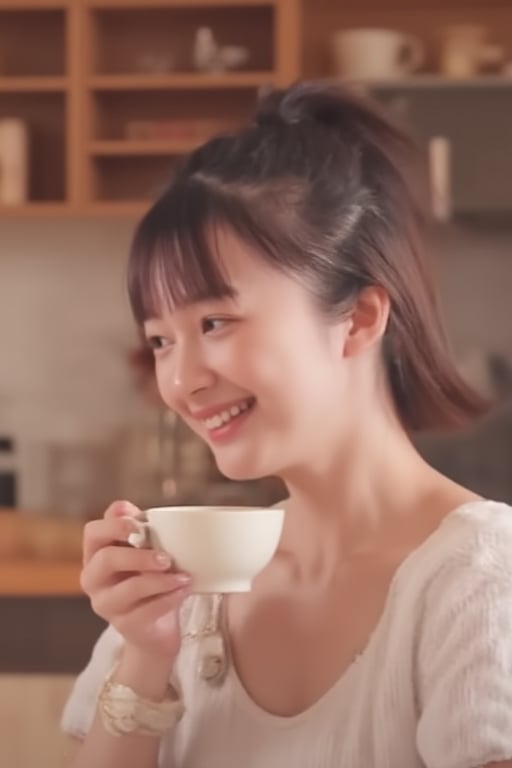 Cute girl tilts her head and smiles sweetly, holding a cup of pearl milk tea in her hand