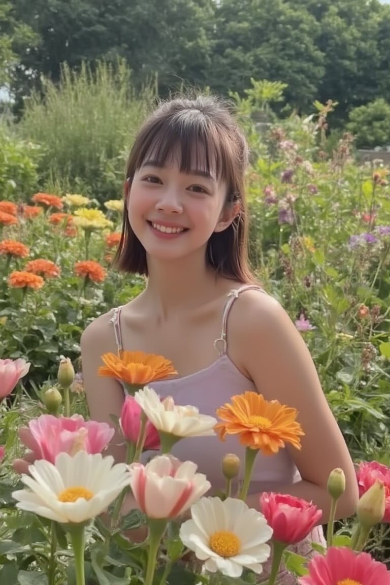 A charming young girl standing in a lush, vibrant garden, surrounded by blooming flowers of various colors. The scene is brightly lit with soft, natural sunlight, casting a warm glow on her face and the flowers. The composition is mid-shot, capturing her full figure and the garden's beauty. She stands with a gentle, relaxed pose, her expression soft and sweet, with a slight smile. The background features a mix of tall, leafy plants and colorful blossoms, creating a picturesque setting.