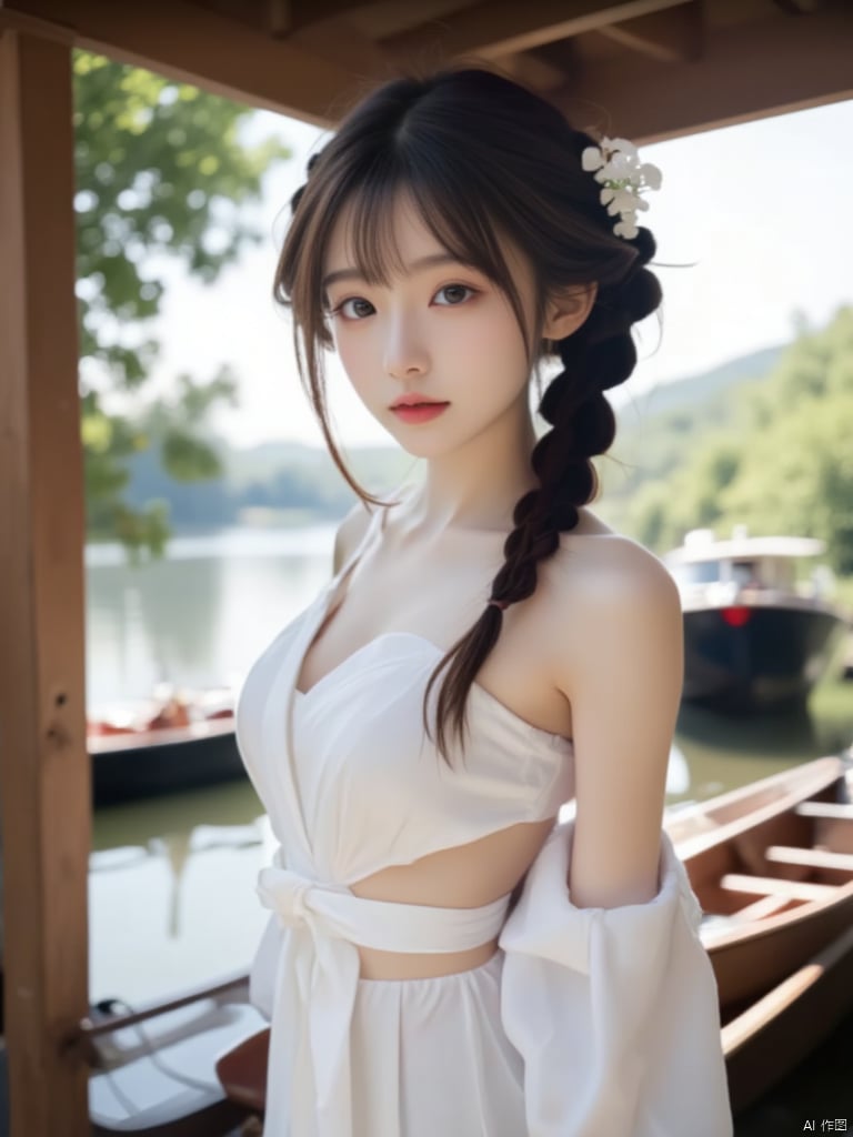 a young Asian woman
dressed in a white strapless dress
adorned with a white belt tied around her waist. Her hair is pulled back in a ponytail
with a small white flower pinned into her hair. She is standing in front of a body of water
with trees and a mountain in the background. The woman's eyes are a deep blue
and her lips are a vibrant red
adding a pop of color to the scene. The backdrop is blurred
creating a peaceful and serene atmosphere.
