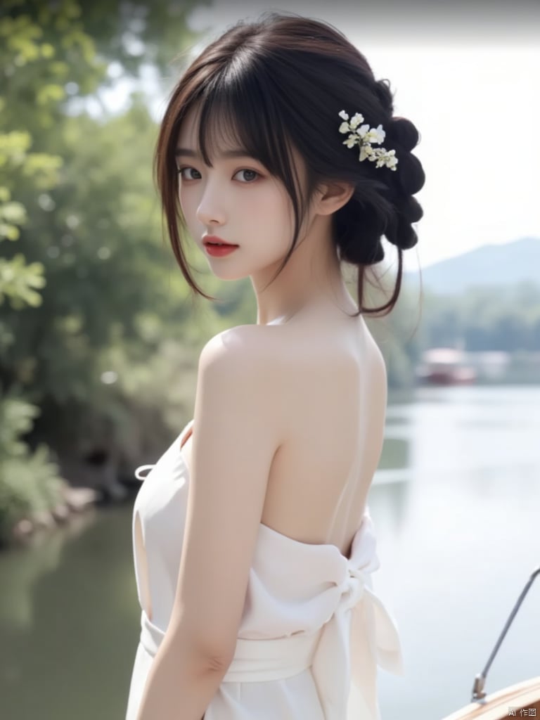 a young Asian woman
dressed in a white strapless dress
adorned with a white belt tied around her waist. Her hair is pulled back in a ponytail
with a small white flower pinned into her hair. She is standing in front of a body of water
with trees and a mountain in the background. The woman's eyes are a deep blue
and her lips are a vibrant red
adding a pop of color to the scene. The backdrop is blurred
creating a peaceful and serene atmosphere.
