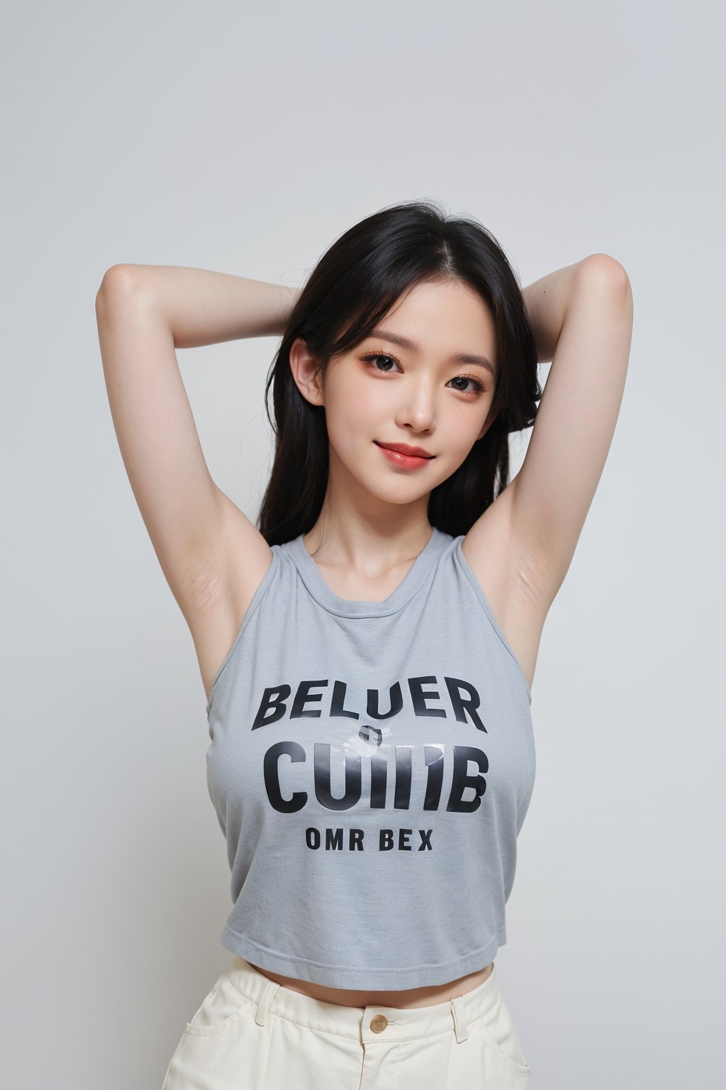 1girl, black hair, smiling, ID photo style, solid color background, (18yo),(arms behind head:1.2), clear skin, bright eyes, natural makeup, casual clothing, high resolution, best quality, masterpiece.