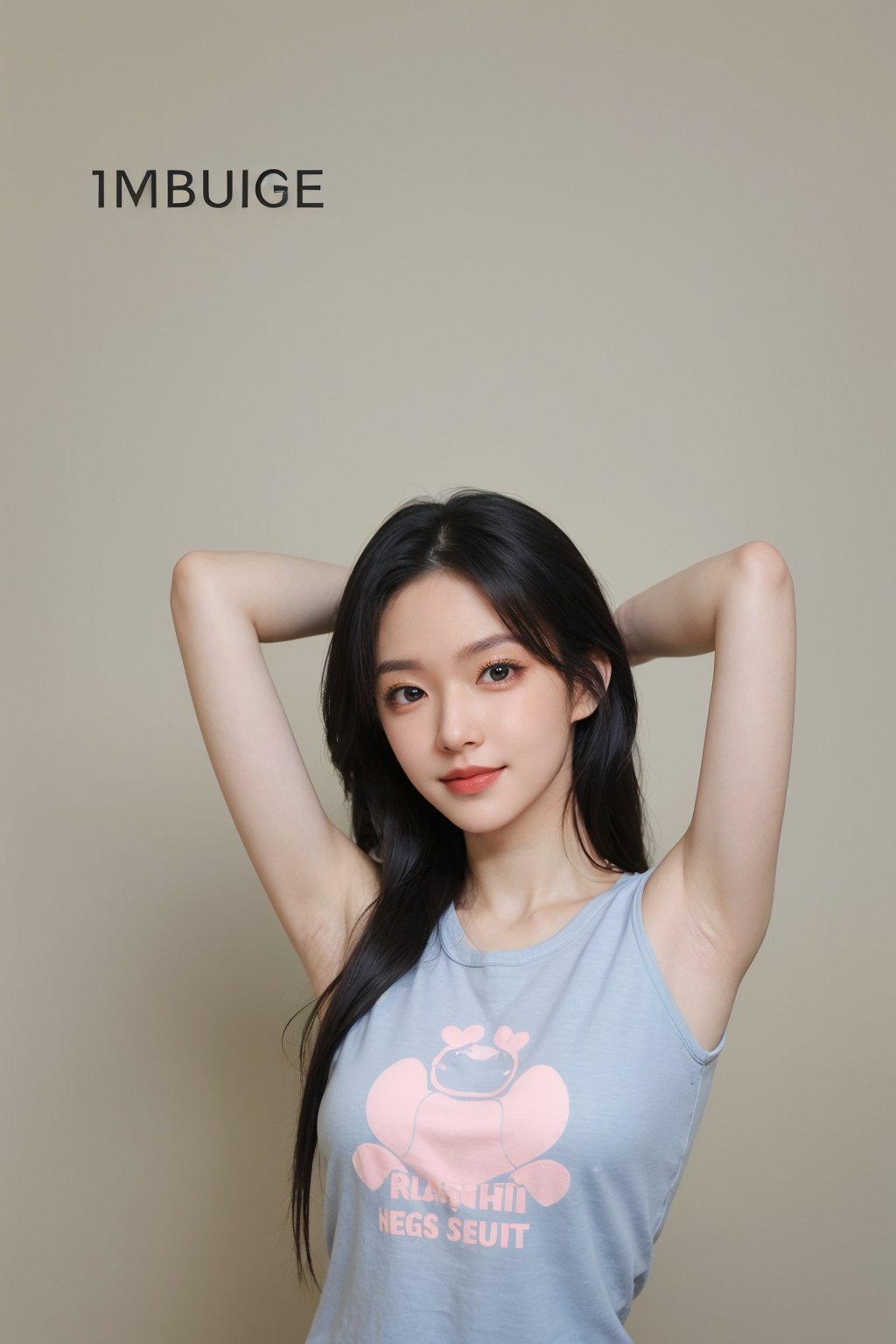 1girl, black hair, smiling, ID photo style, solid color background, (18yo),(arms behind head:1.2), clear skin, bright eyes, natural makeup, casual clothing, high resolution, best quality, masterpiece.