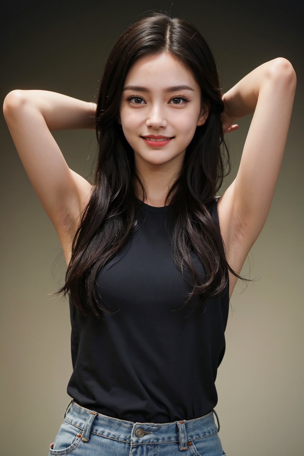 1girl, black hair, smiling, ID photo style, solid color background,18yo,(arms behind head:1.2), clear skin, bright eyes, natural makeup, casual clothing, high resolution, best quality, masterpiece.